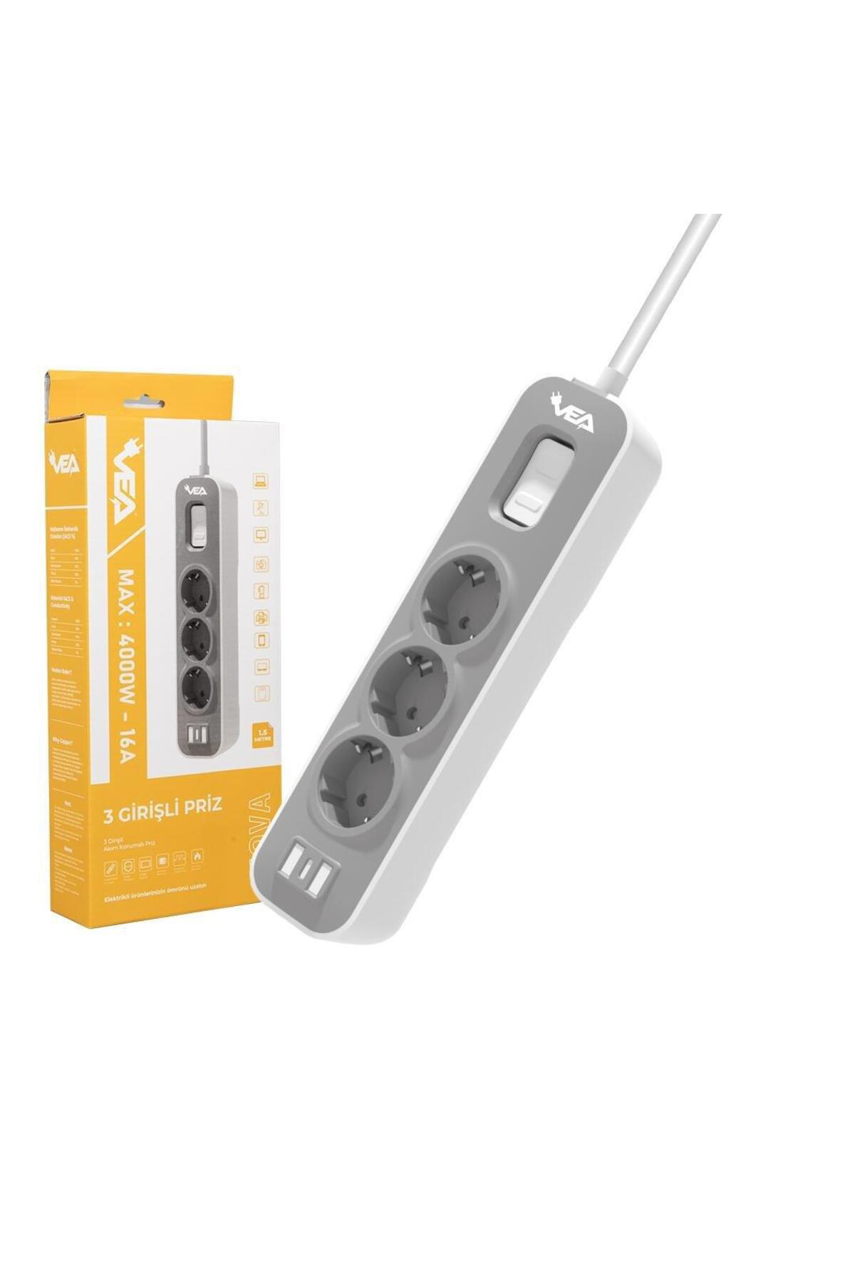VE-NOVA103 A Class 3'lü Anahtarlı 1.5 Metre Akım Korumalı Priz
