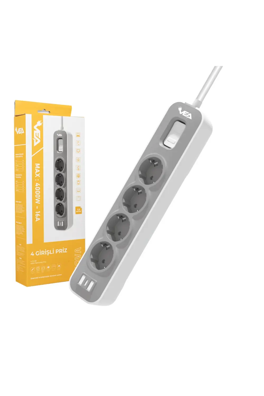 VE-NOVA104 A Class 4'Lü Anahtarlı 1.5 Metre Grup Priz