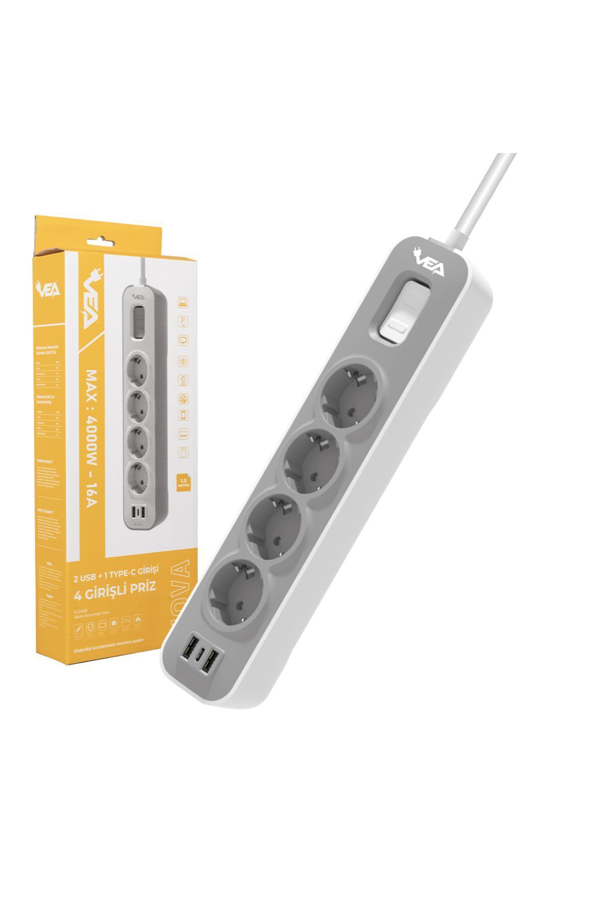 Ve-nova104u A Class 4lü 2 Usbli Anahtarlı 1.5 Metre Akım Korumalı