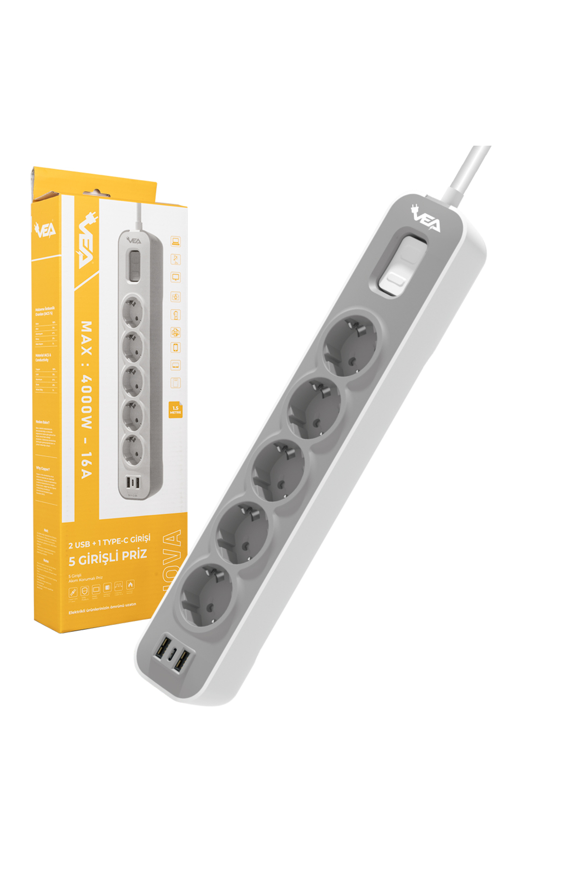 VE-NOVA105U A CLASS 5Lİ 2 USBLİ ANAHTARLI 1.5 METRE AKIM KORUMALI