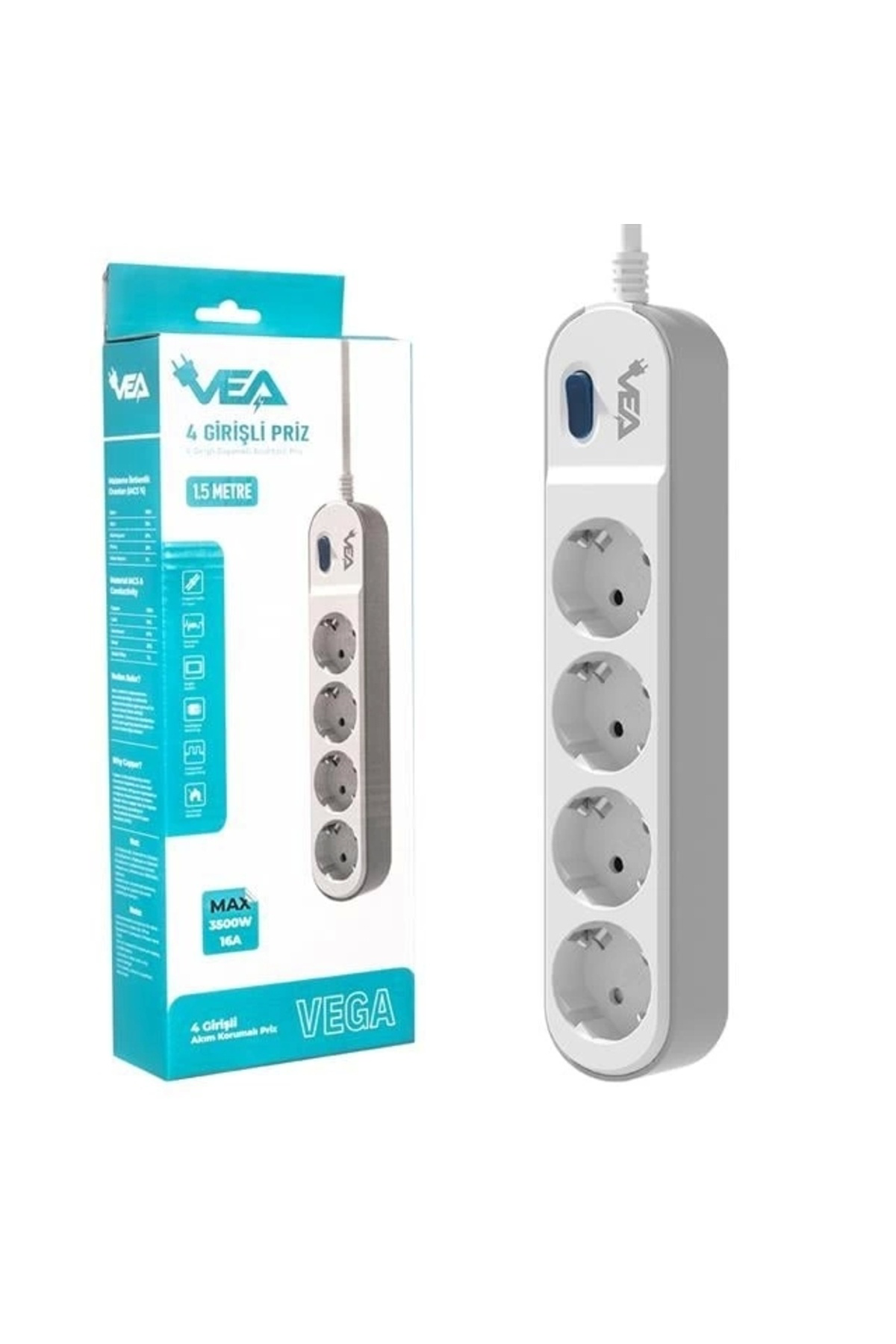 VE-VEGA104 A Class 4'lü Anahtarlı 1.5 Metre Akım Korumalı Priz VE-VEGA104 A Class 4'lü Anahtarlı 1.5 Metre Akım Korumalı Priz
