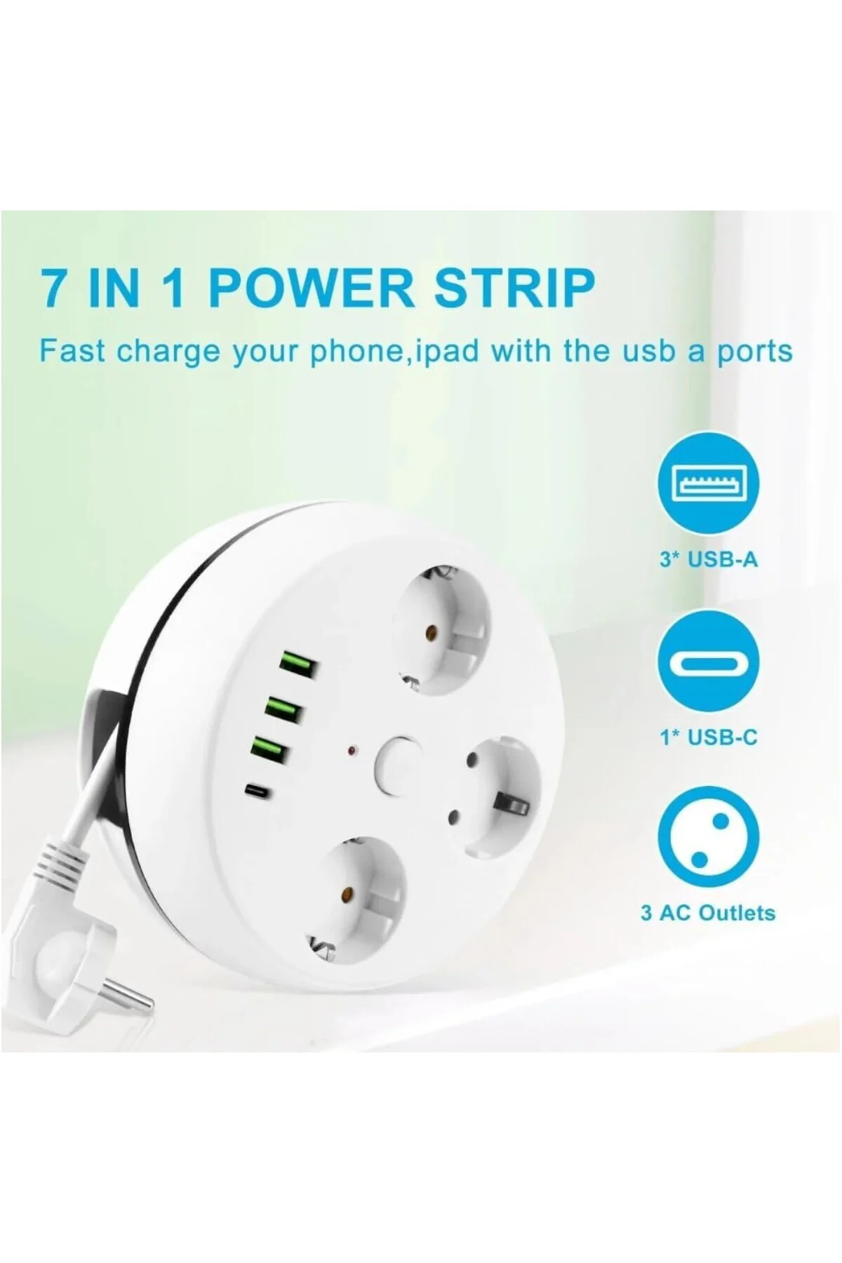 VEA 7 in 1, Akım Korumalı Grup Priz, 3'LÜ, Anahtarlı, 3 Usb, 1 Ty