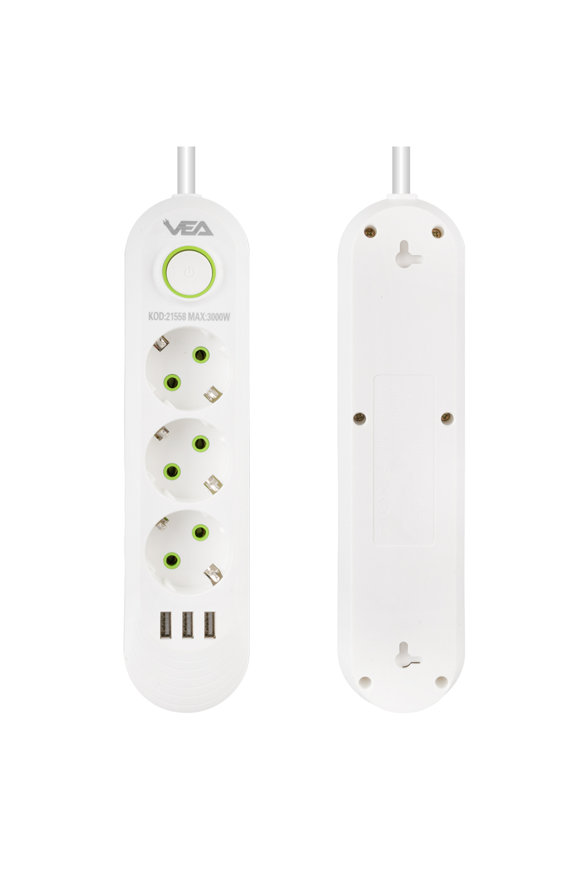 Vea Va-21558 3lü 1.5 Metre Kablo Shopzumlu 3 Usbli Beyaz Shopzum 