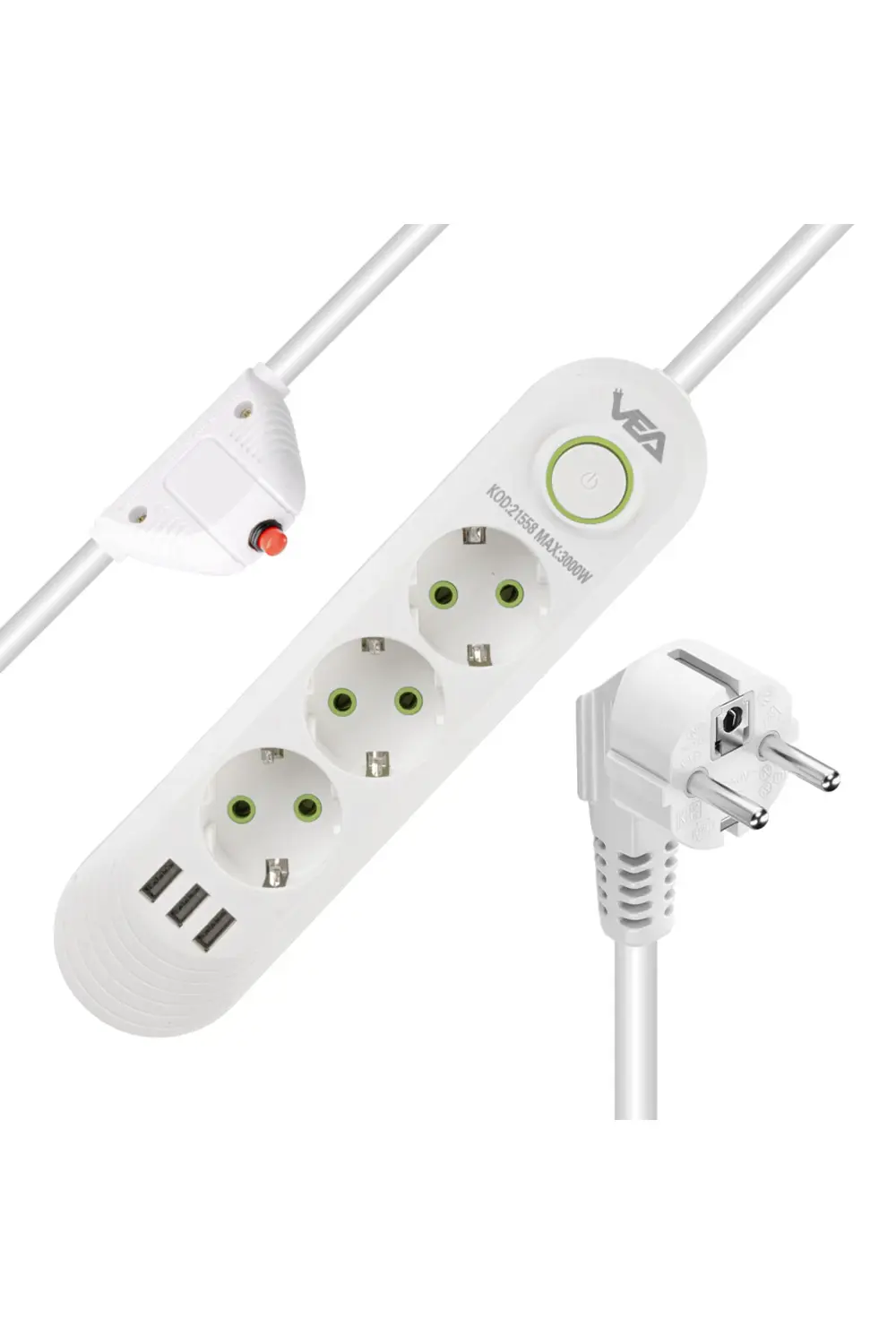 Vea Va-21558 3lü 1.5 Metre Kablo Shopzumlu 3 Usbli Beyaz Shopzum