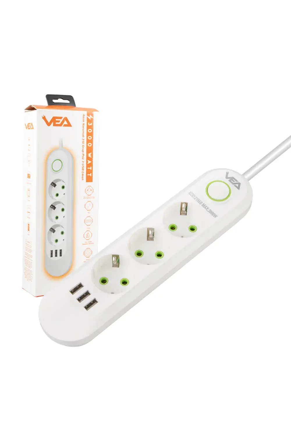 Vea Va-21558 3lü 1.5 Metre Kablo Shopzumlu 3 Usbli Beyaz Shopzum