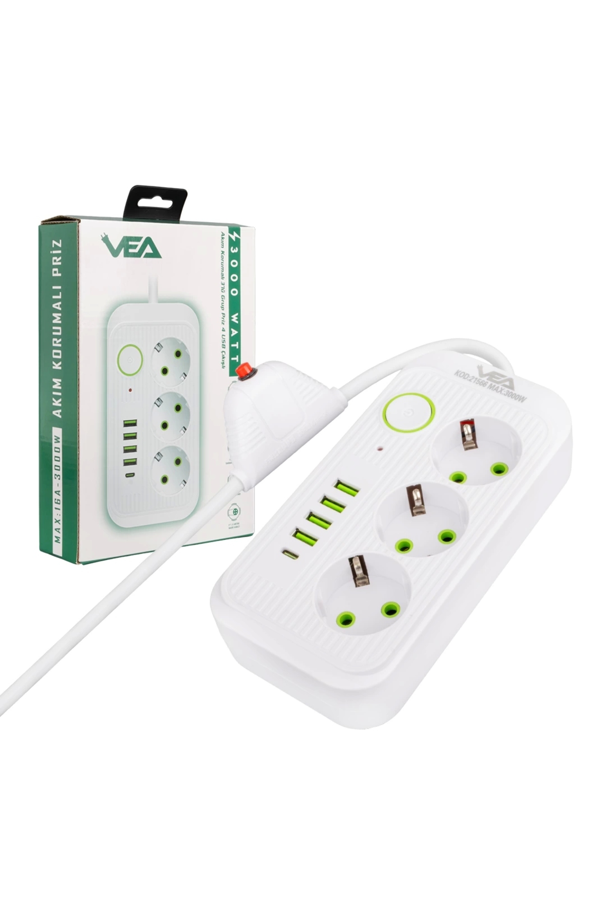 Vea Va-21566 3lü 1.5 Metre Kablolu 4 Usbli+ Type-c Beyaz Akım Kor