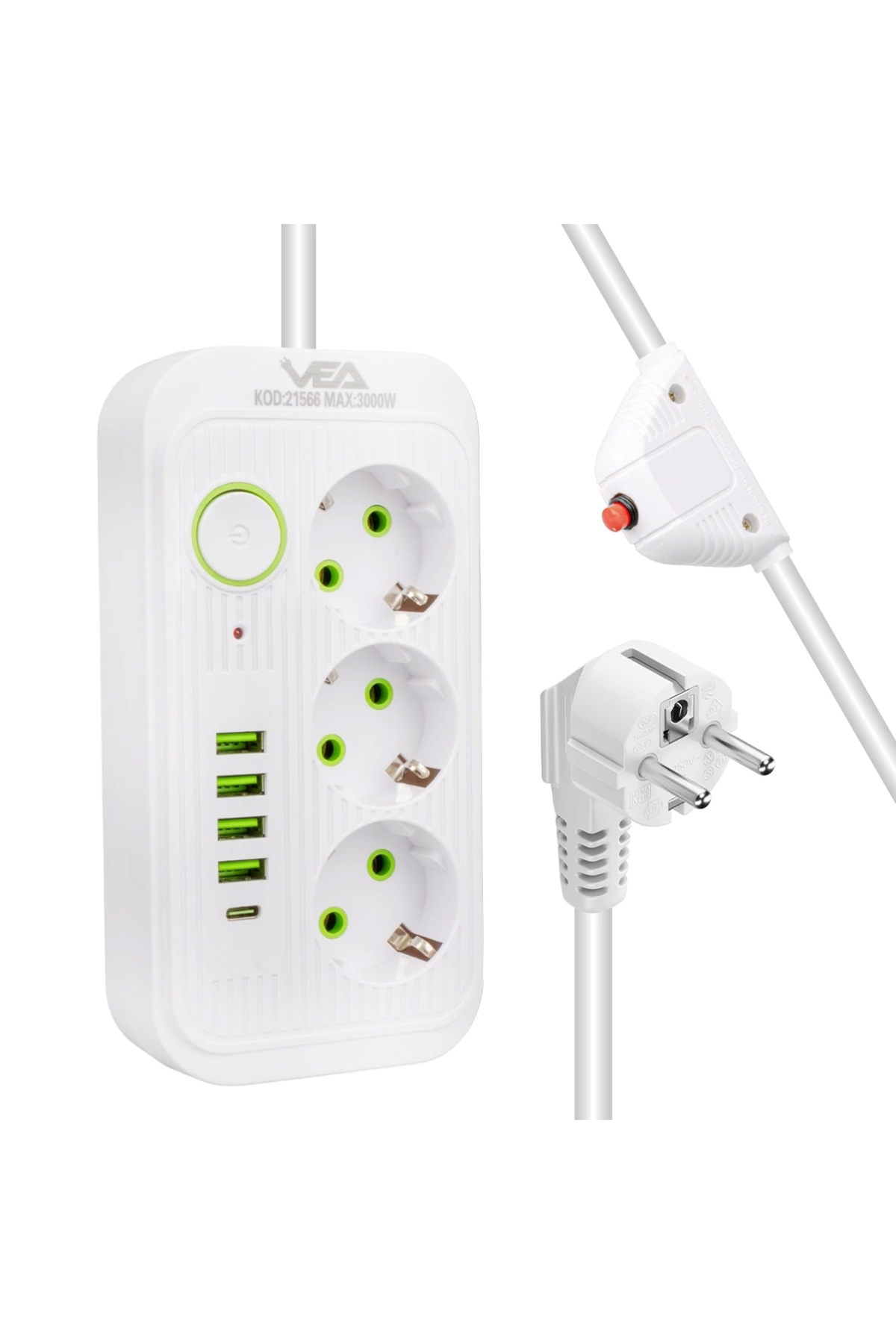 Vea Va-21566 3lü 1.5 Metre Kablolu 4 Usbli+ Type-c Beyaz Akım Kor