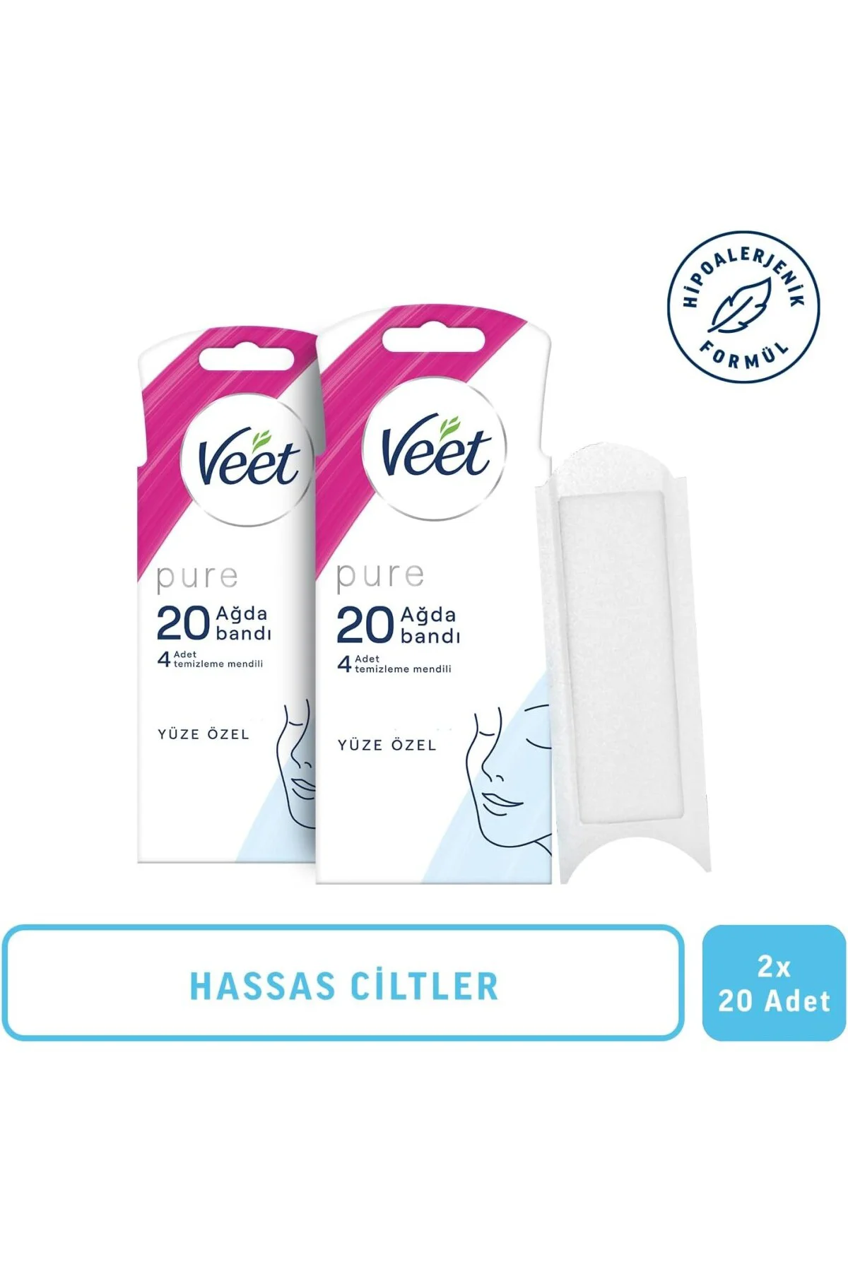 Veet Pure Hipoalerjenik Yüz Ağda Bandı, (2 x 20 Adet)