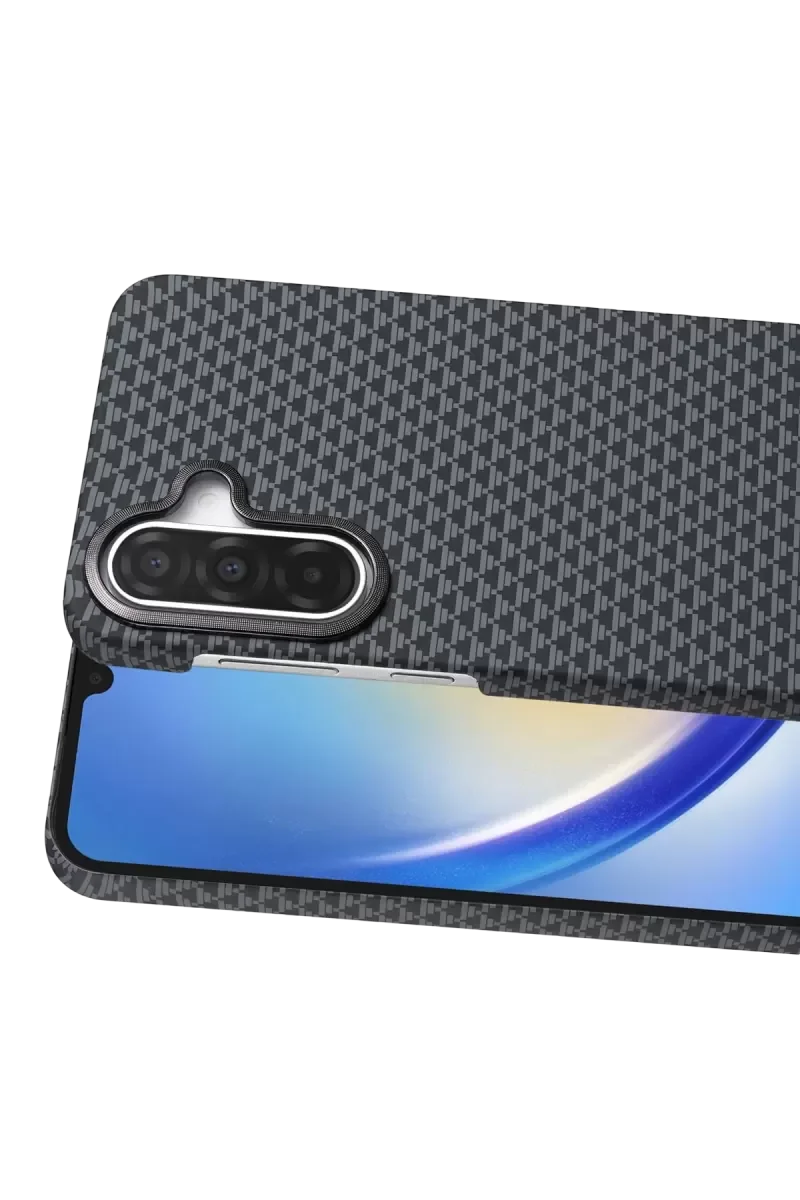 Vega Magsafe Kapak ile Uyumlu Galaxy A57 5G Kamera Çerçevesi - Gri Simli Kevlar Desen