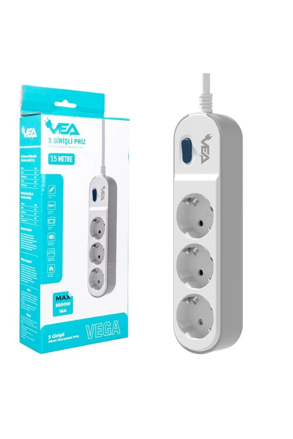 Vega103 A Class 3lü Anahtarlı 1.5 Metre Akım Korumalı Grup Priz (