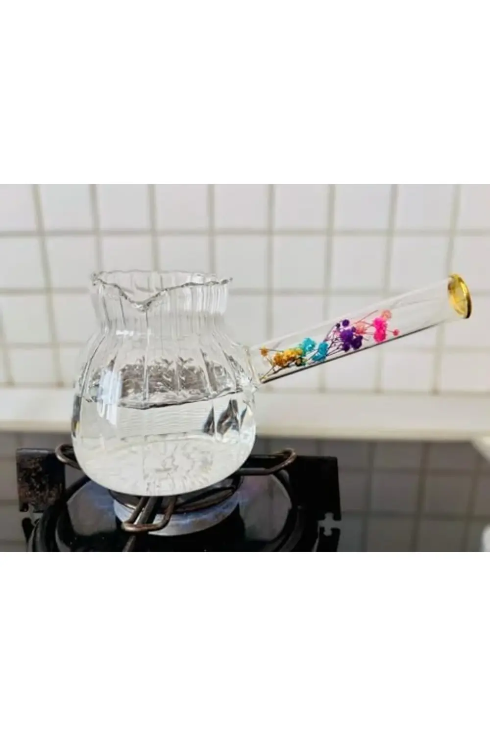 vegaShop Cam Cezve, Isıya Dayanıklı, Dekoratif Çiçek Saplı, Şeffa