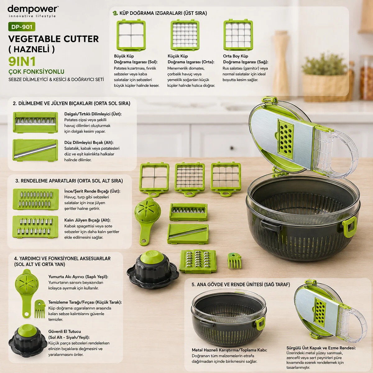 Vegetable Cutter Hazneli 9IN1 Çok Fonksiyonlu Sebze Dilimleyici - Kesici - Doğrayıcı Seti DP-901
