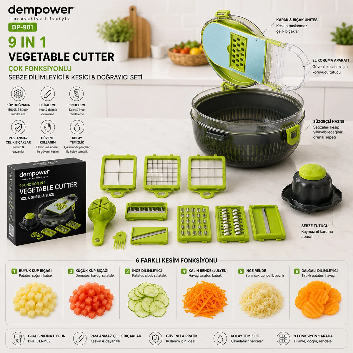 Vegetable Cutter Hazneli 9IN1 Çok Fonksiyonlu Sebze Dilimleyici - Kesici - Doğrayıcı Seti DP-901