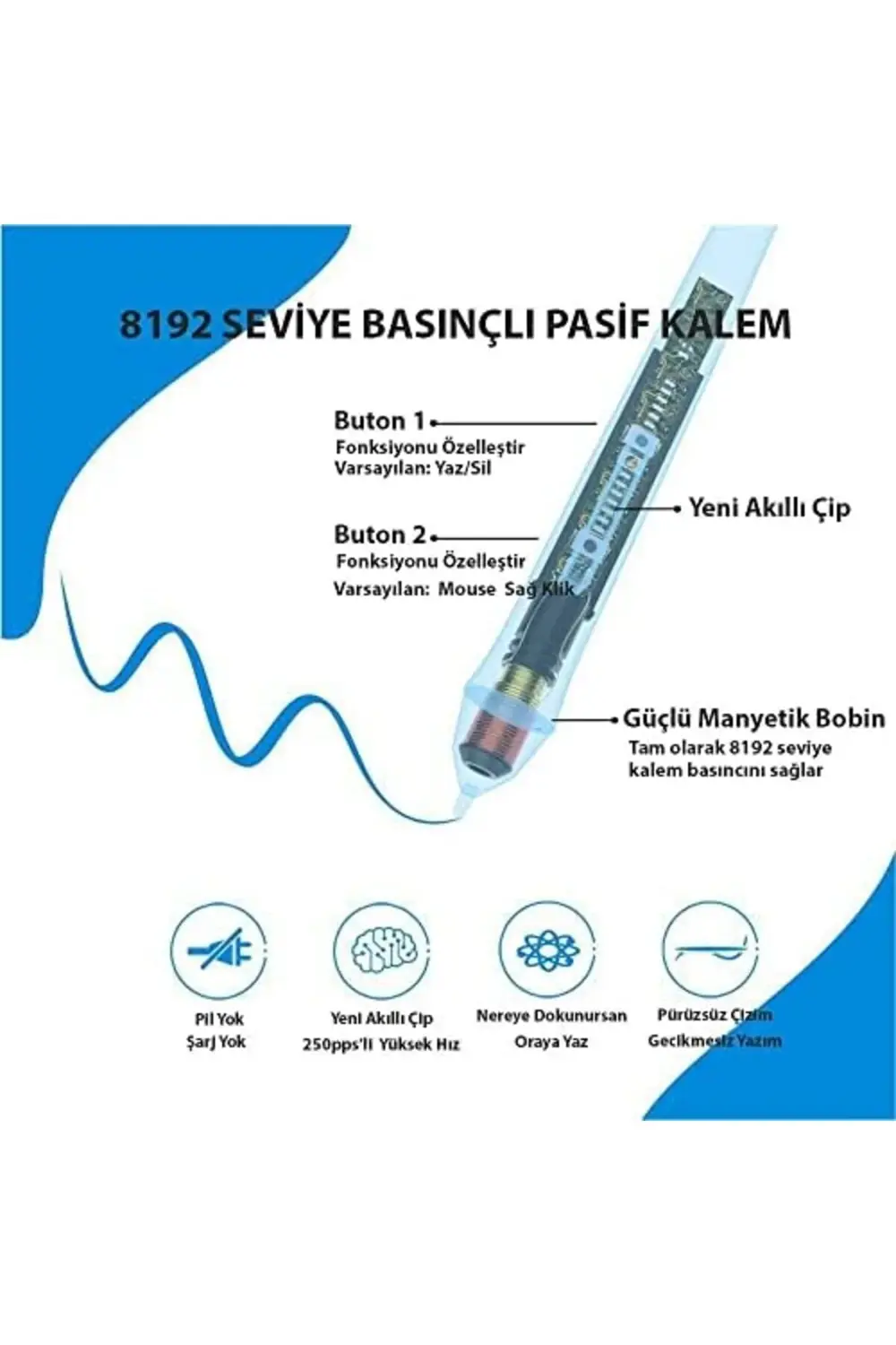 Veikk VK640 ve VK1200 Grafik Tabletler Için 8192L Pilsiz Kalem-P0