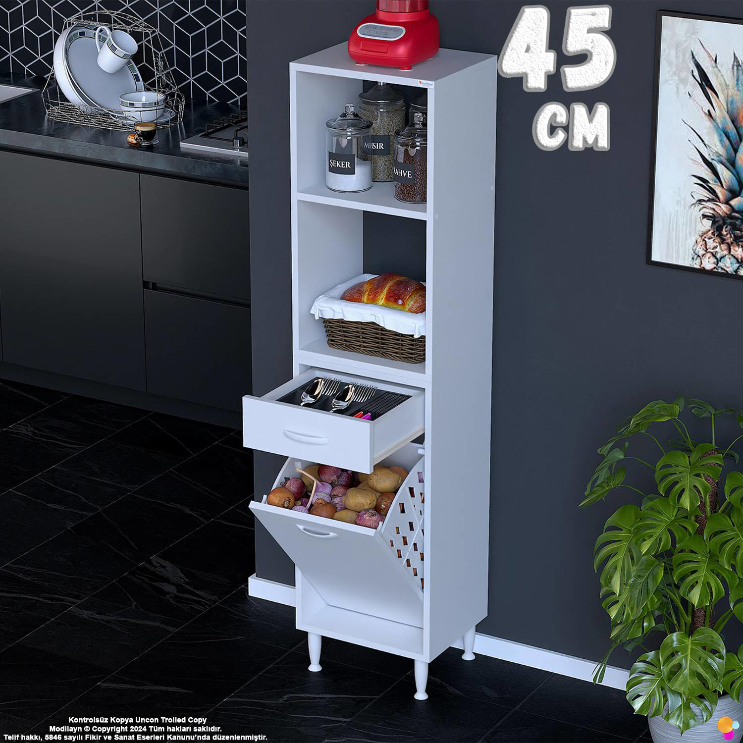 Vela 45 cm Sepetli Çok Amaçlı Açık 2 Raflı Tek Çekmeceli Mutfak K Vela 45 cm Sepetli Çok Amaçlı Açık 2 Raflı Tek Çekmeceli Mutfak K