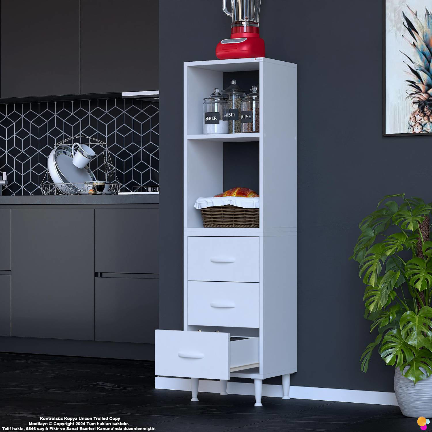 Velar 50 cm 3 Çekmeceli Açık Raflı Mutfak Erzak Dolabı Çok Amaçlı - Görsel 4