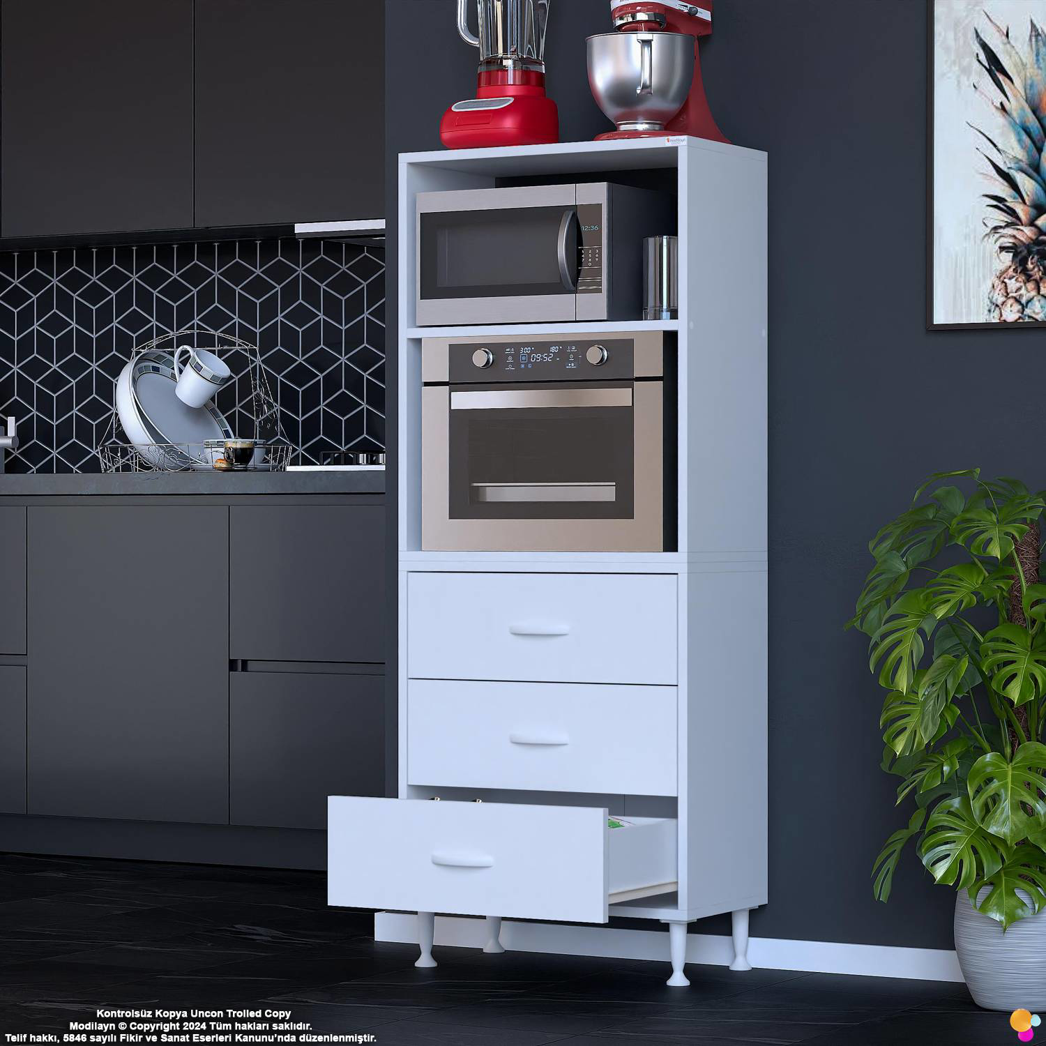 Velar 60 cm 3 Çekmeceli Mikrodalga Fırın Mutfak Erzak Dolabı Çok  - Görsel 4