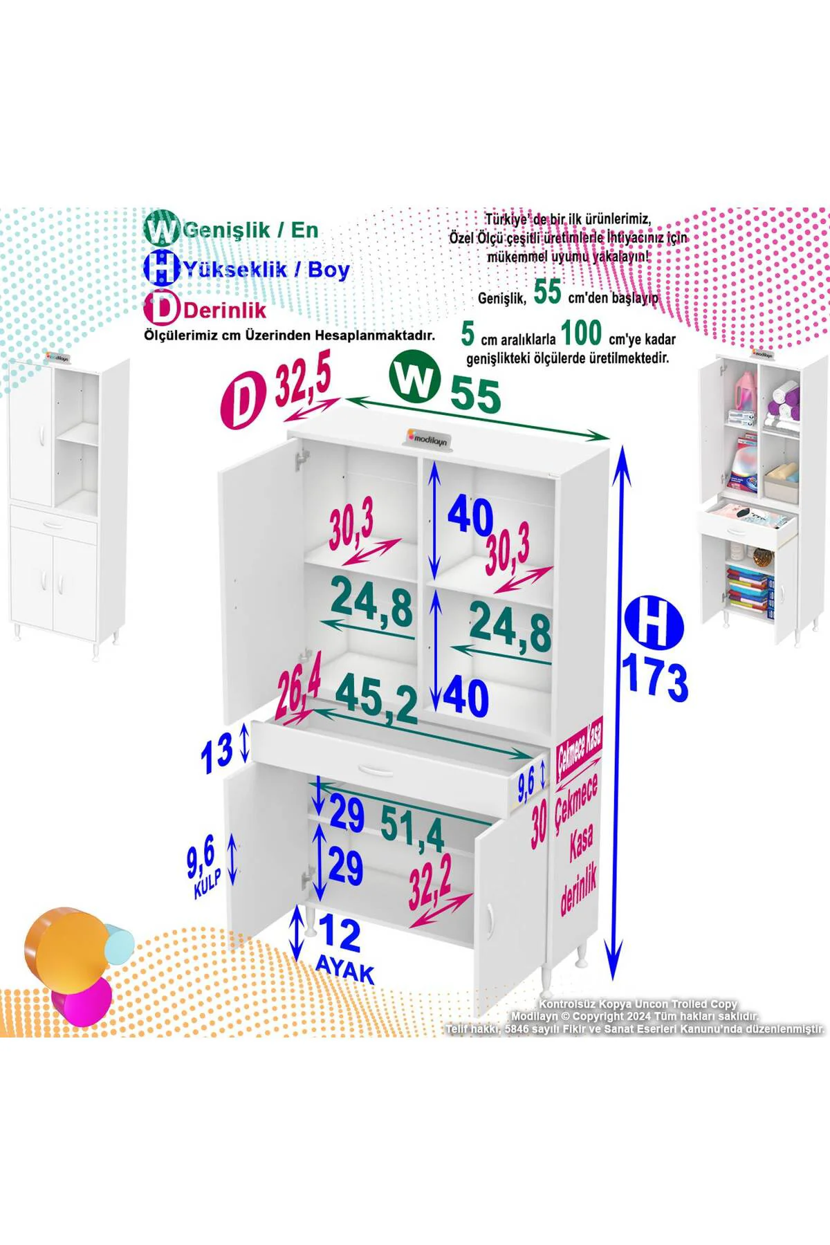 Vellum Beyaz Dolap 55x173x32,5 cm Ebatlarında Çok Fonksiyonlu 55 