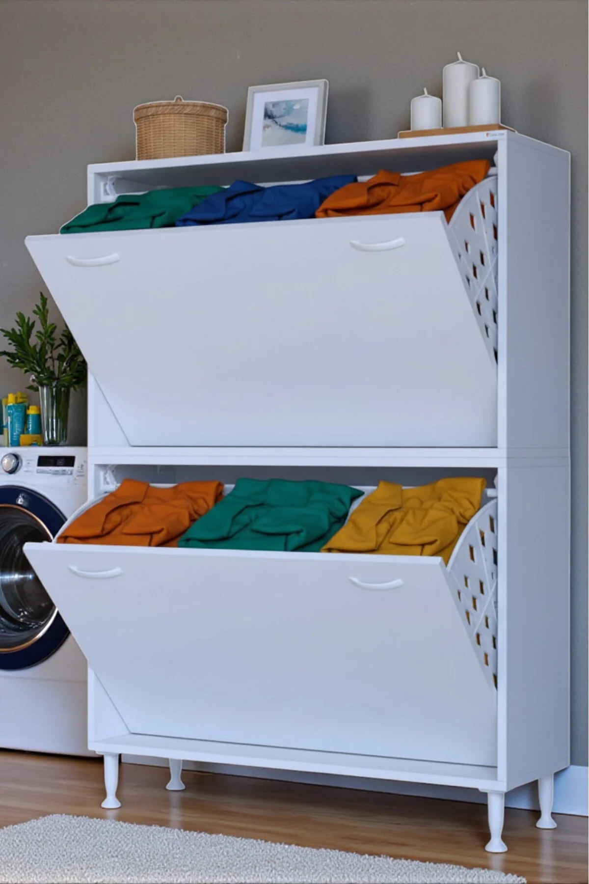 Veluna 100 cm Kirli Çamaşır Sepetli Dolap Banyo Dolabı Beyaz 100x