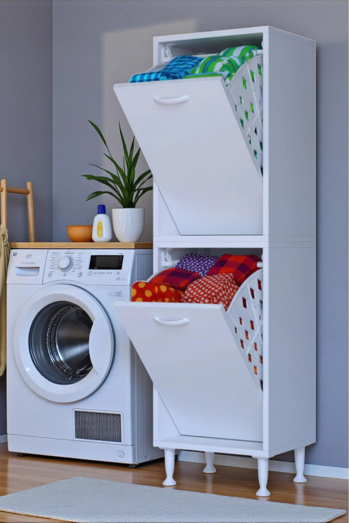 Veluna 40 cm Kirli Çamaşır Sepetli Dolap Banyo Dolabı Beyaz 40x13