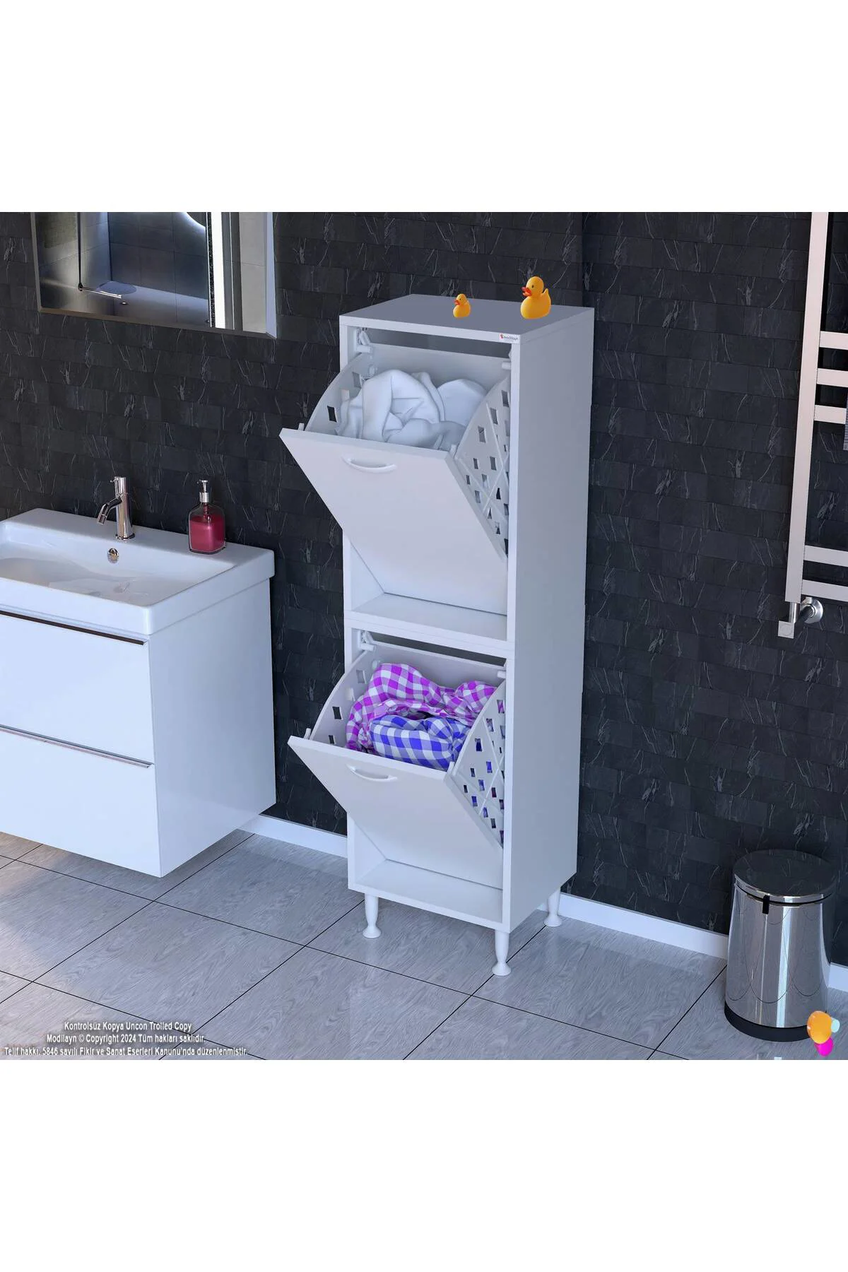 Veluna 40 cm Kirli Çamaşır Sepetli Dolap Banyo Dolabı Beyaz 40x13