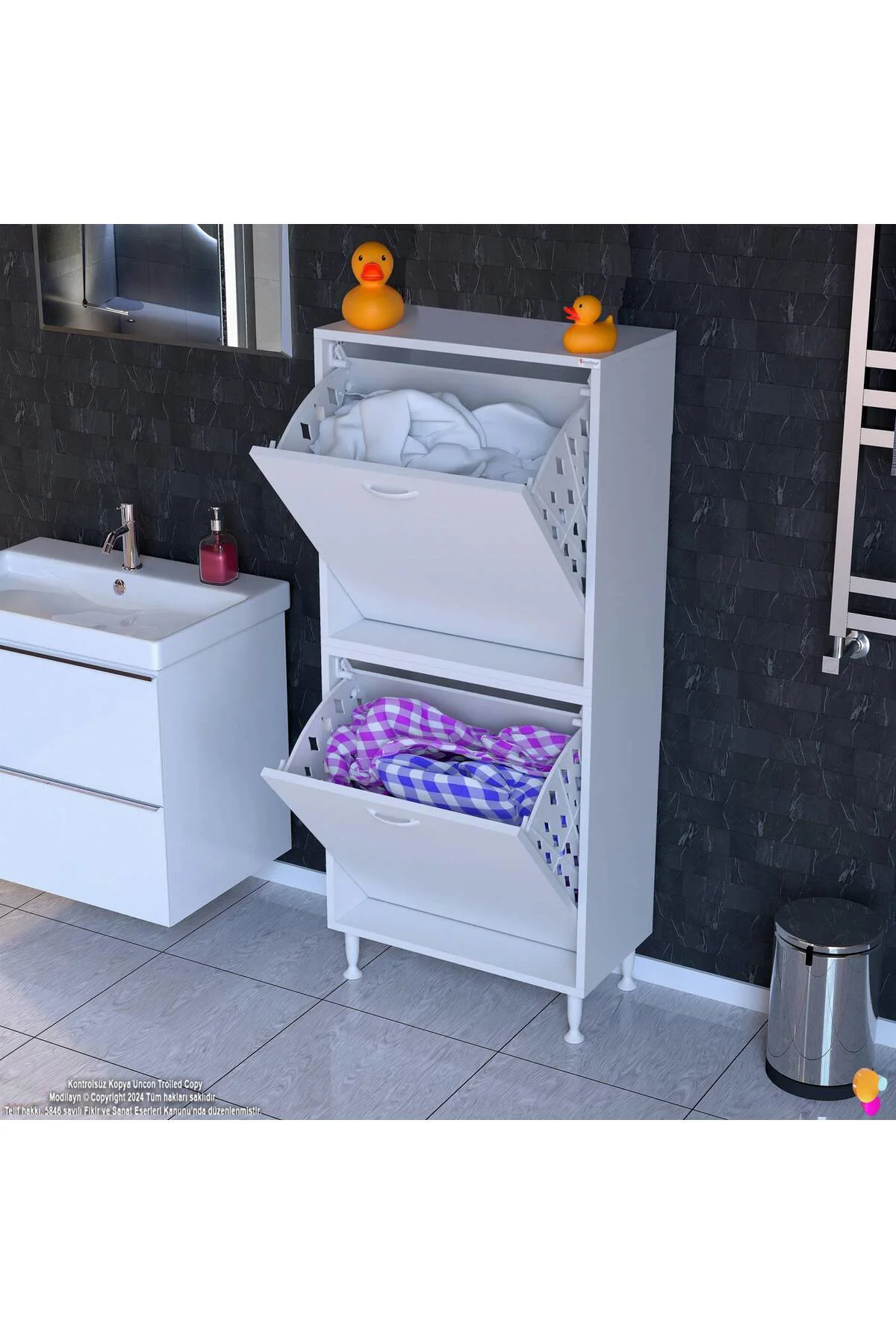 Veluna 60 cm Kirli Çamaşır Sepetli Dolap Banyo Dolabı Beyaz 60x13