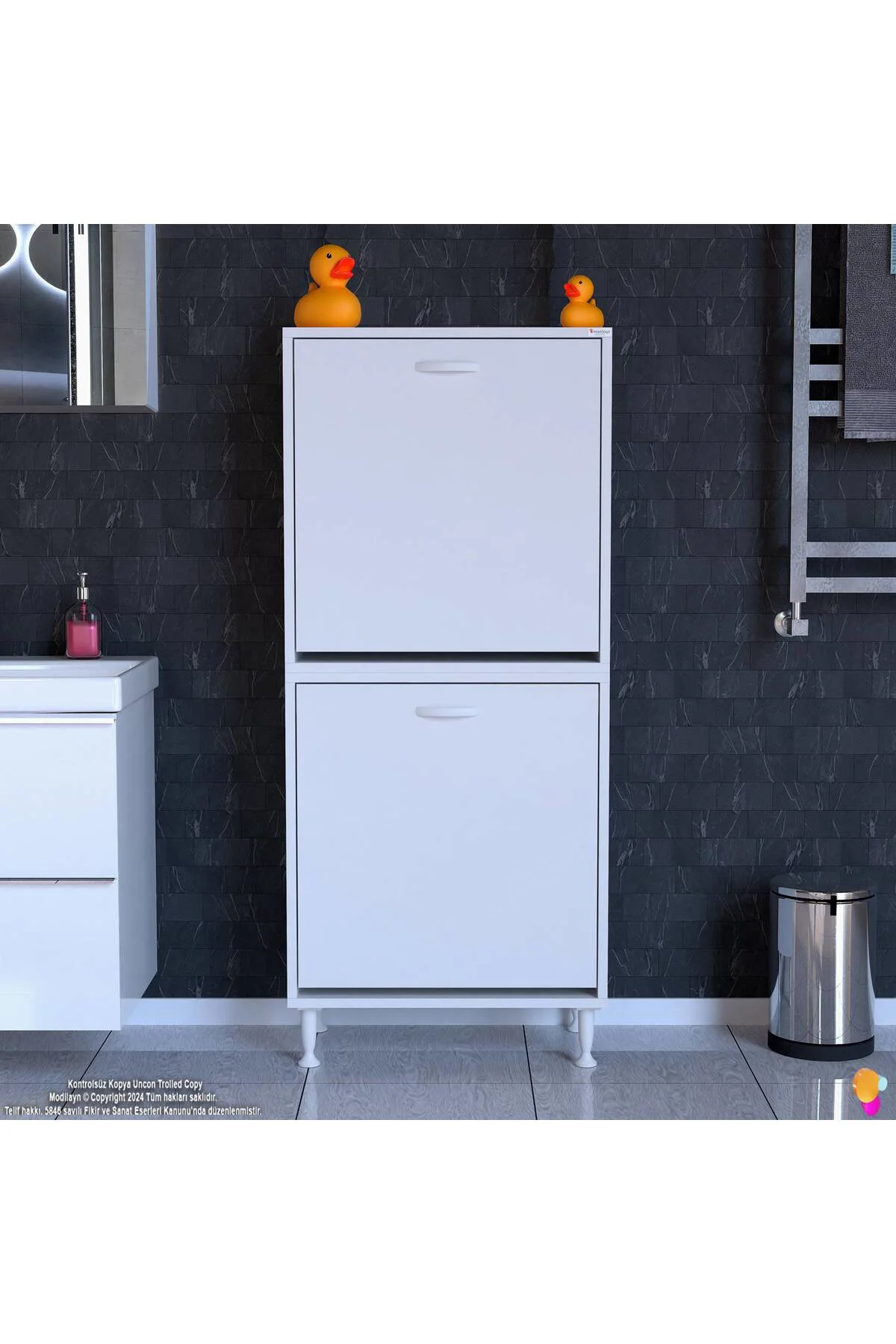 Veluna 60 cm Kirli Çamaşır Sepetli Dolap Banyo Dolabı Beyaz 60x13