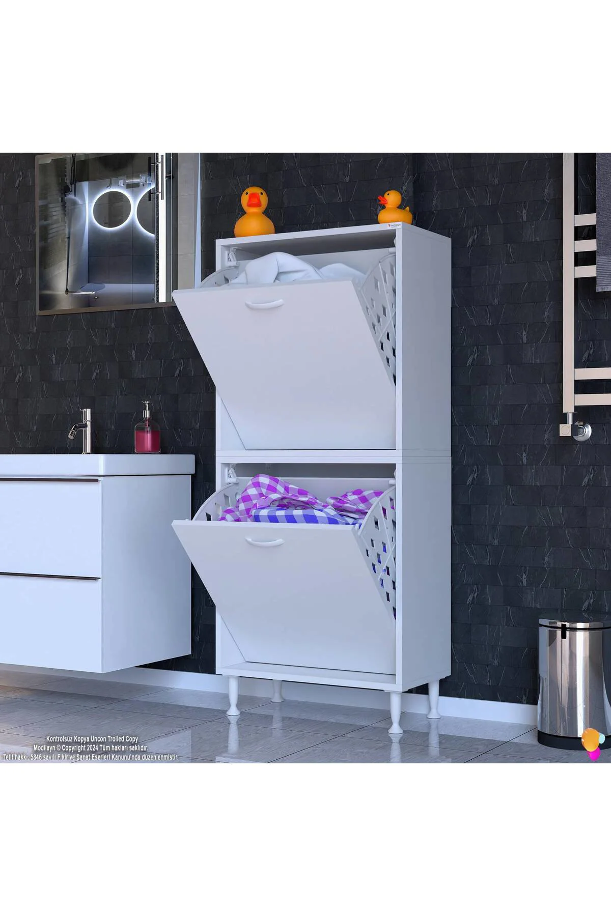 Veluna 65 cm Kirli Çamaşır Sepetli Dolap Banyo Dolabı Beyaz 65x13