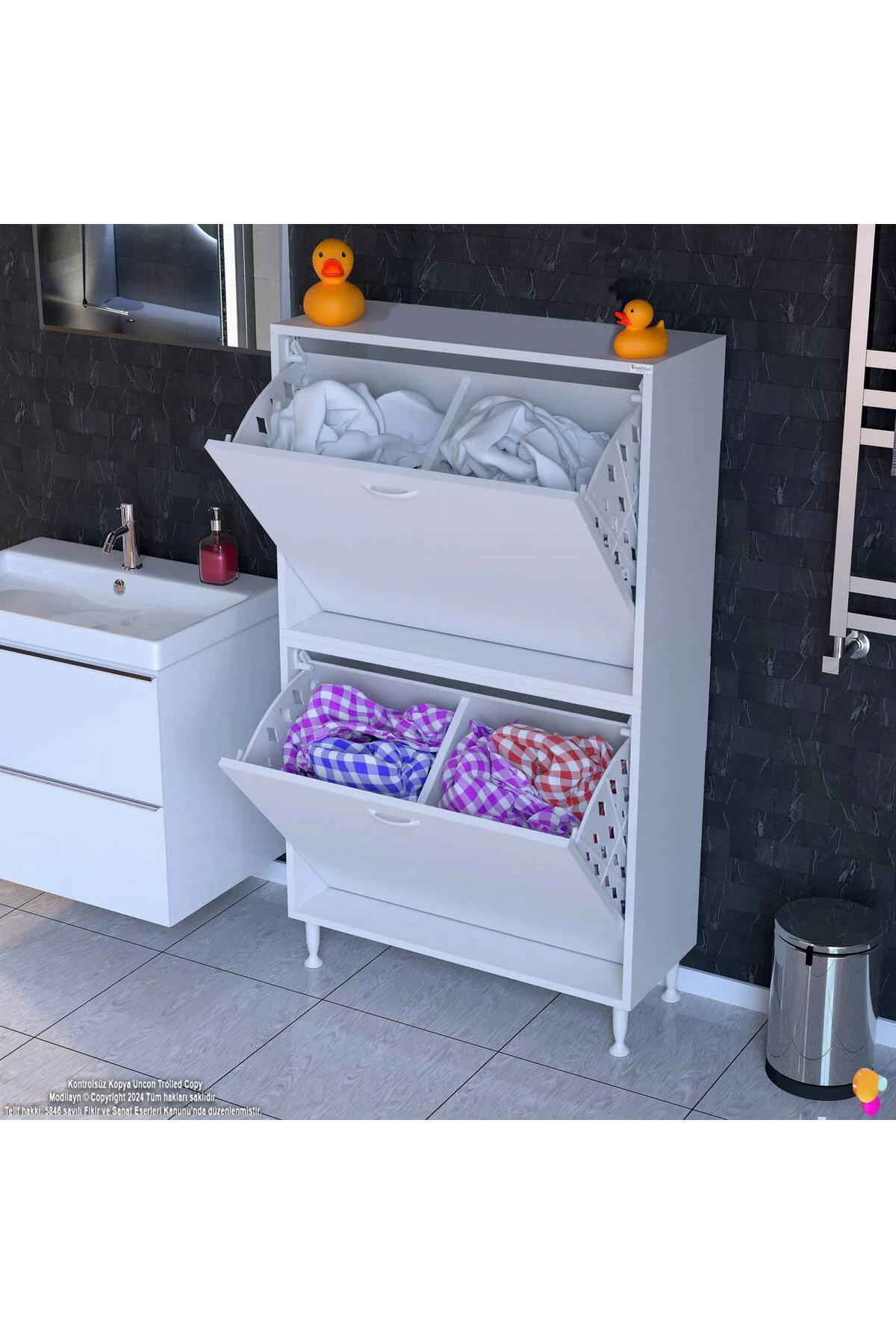 Veluna 75 cm Kirli Çamaşır Sepetli Dolap Banyo Dolabı Beyaz 75x13