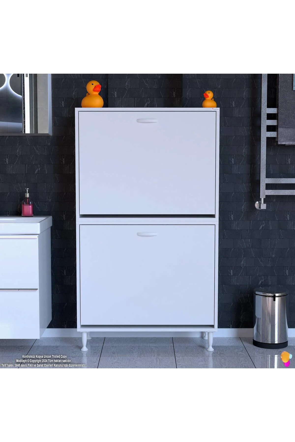 Veluna 85 cm Kirli Çamaşır Sepetli Dolap Banyo Dolabı Beyaz 85x13