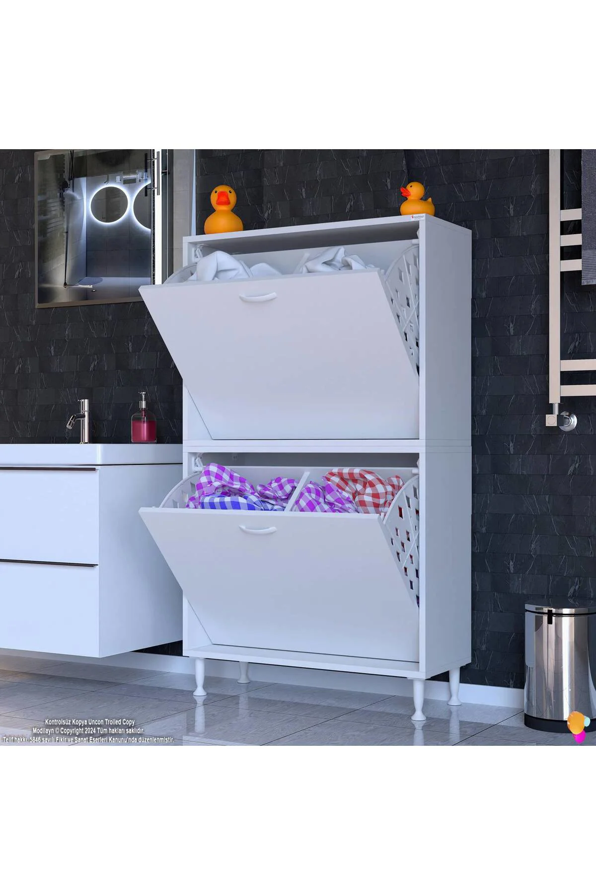 Veluna 85 cm Kirli Çamaşır Sepetli Dolap Banyo Dolabı Beyaz 85x13