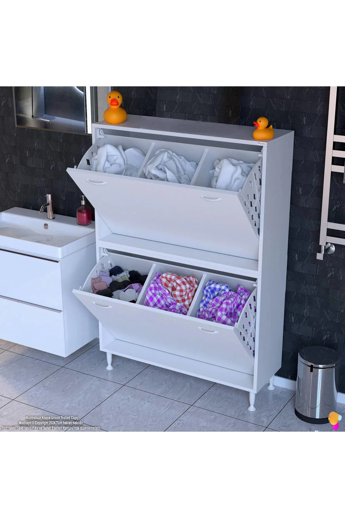 Veluna 90 cm Kirli Çamaşır Sepetli Dolap Banyo Dolabı Beyaz 90x13
