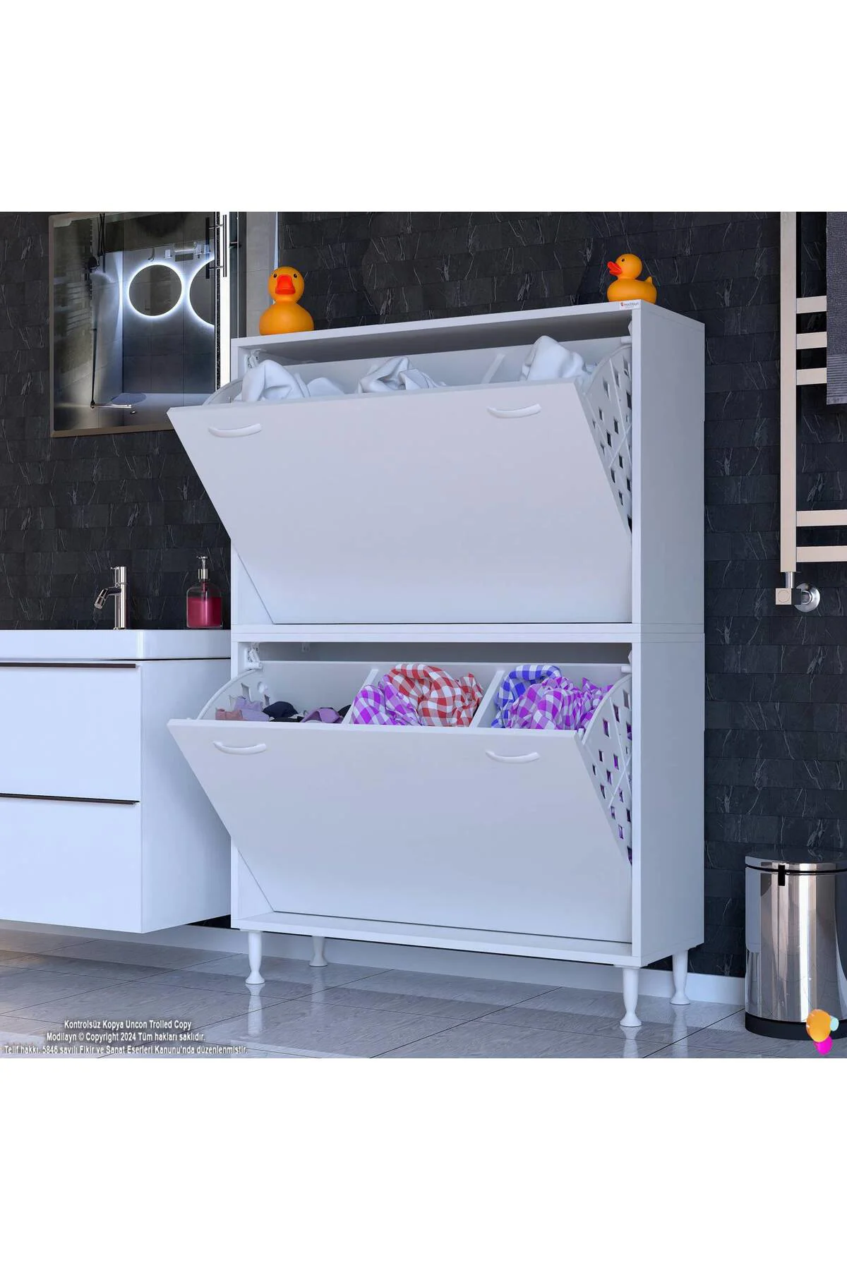 Veluna 90 cm Kirli Çamaşır Sepetli Dolap Banyo Dolabı Beyaz 90x13