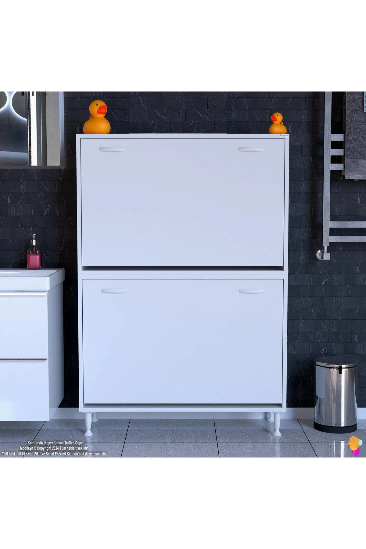 Veluna 90 cm Kirli Çamaşır Sepetli Dolap Banyo Dolabı Beyaz 90x13