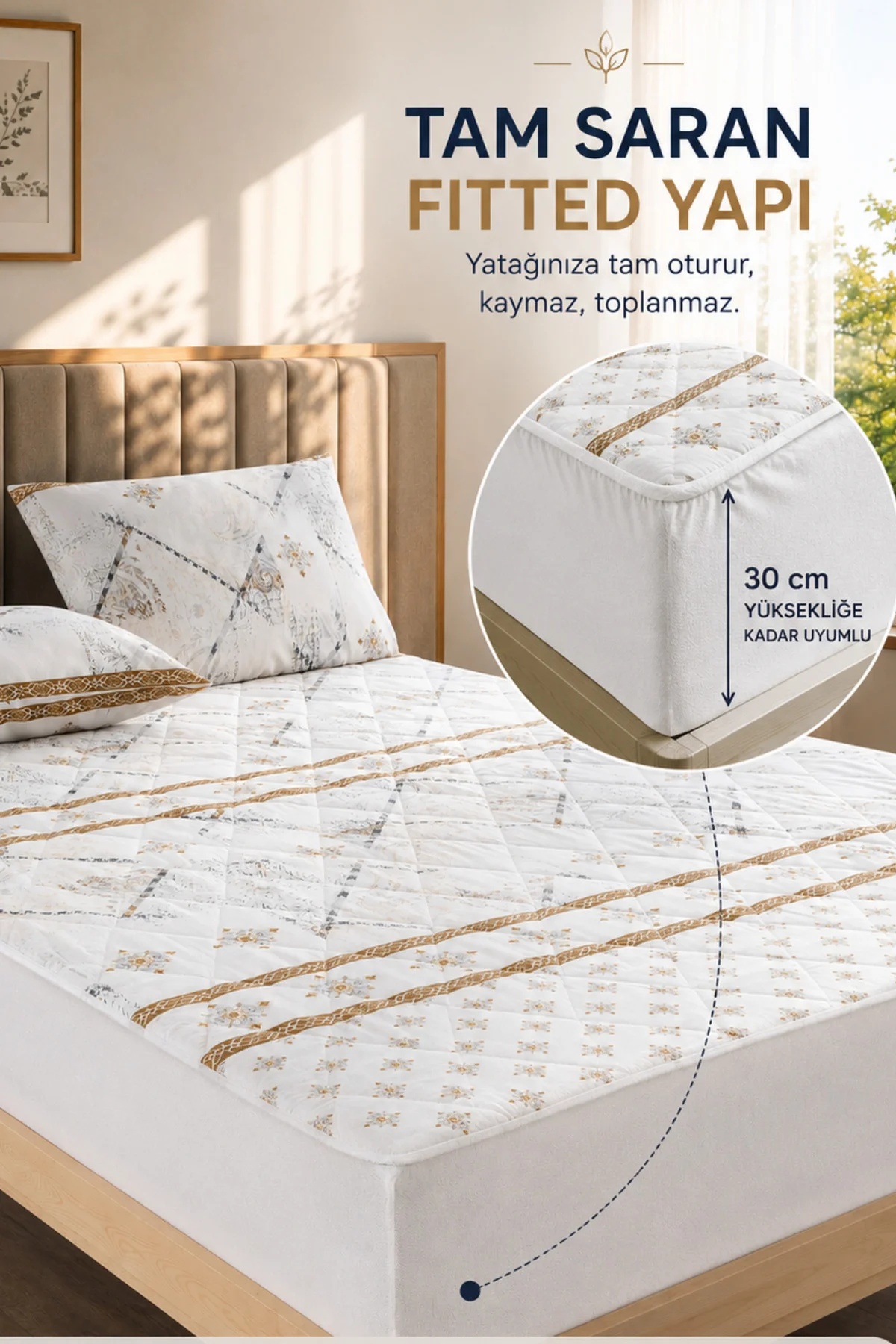 Veluna Desenli Sıvı Geçirmez Kapitone Fitted Alez ve Yastık Kılıf