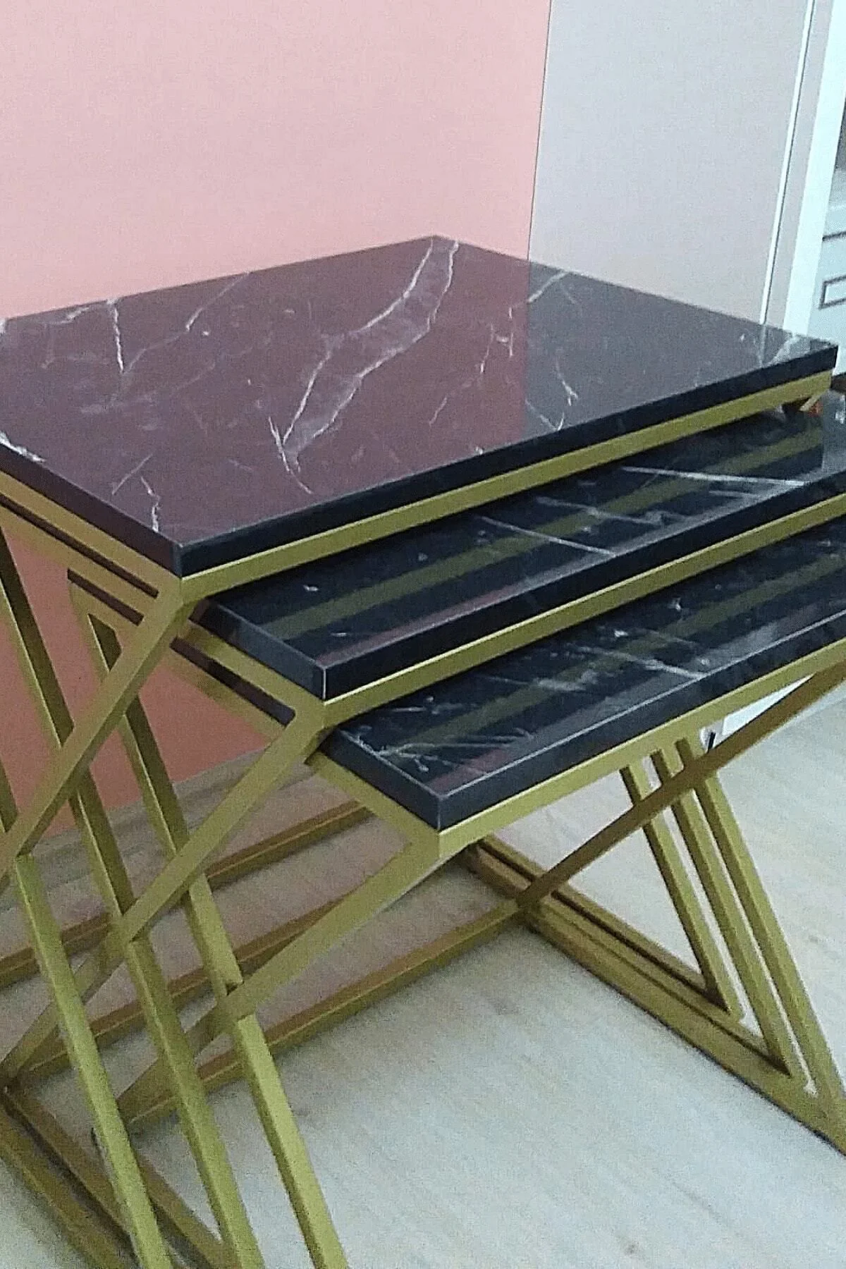 Venedik Gold Metal Ayaklı,Mermer Desenli Mdf'li Zigon Sehpa