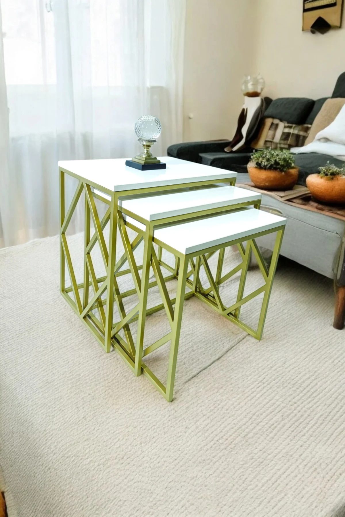 Venice Gold Metal Ayaklı Krem Üst Tablalı Zigon Sehpa