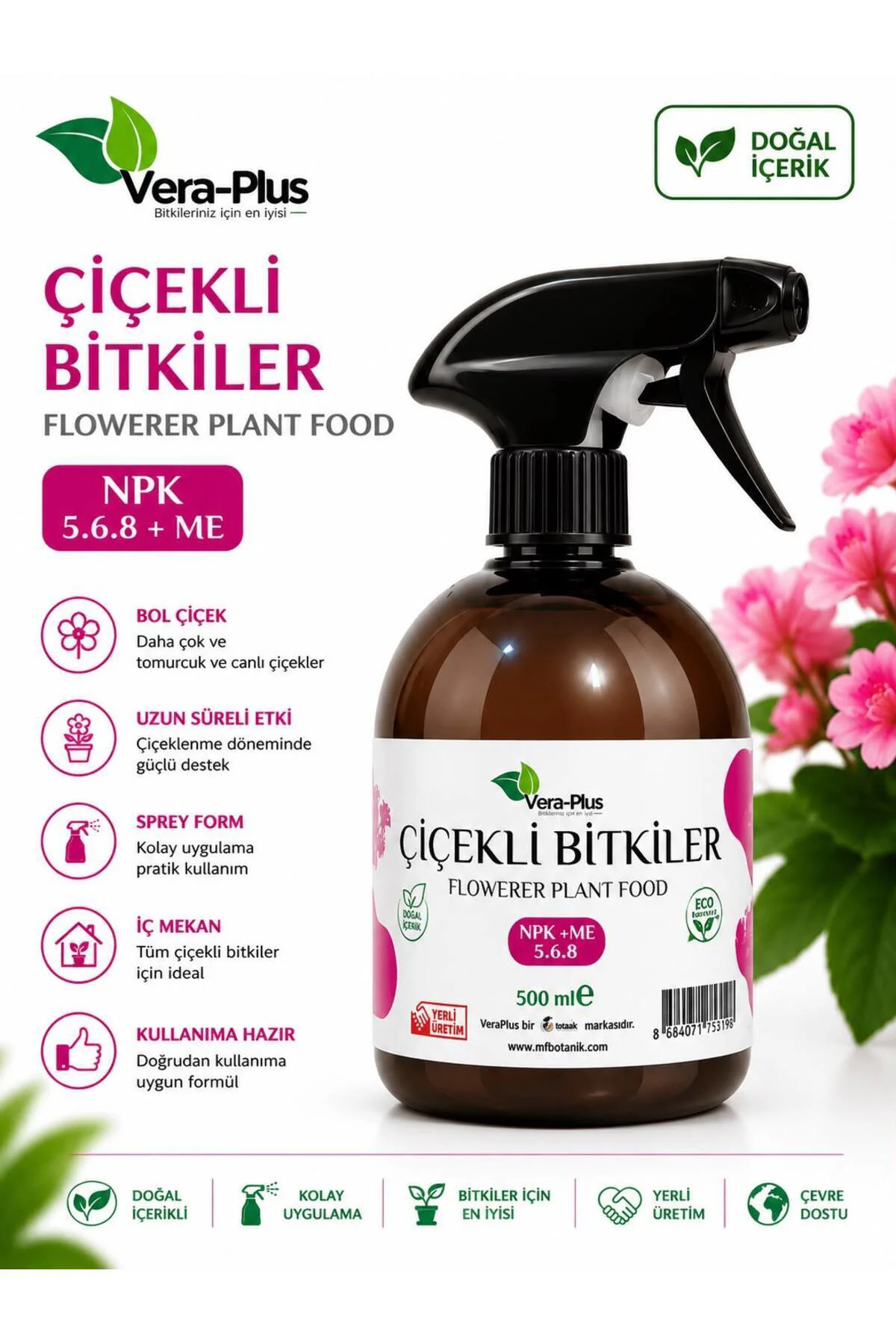 VERA-PLUS ÇİÇEKLİ BİTKİLER İÇİN ÖZEL SPREY SIVI BİTKİ BESİNİ 500 ML