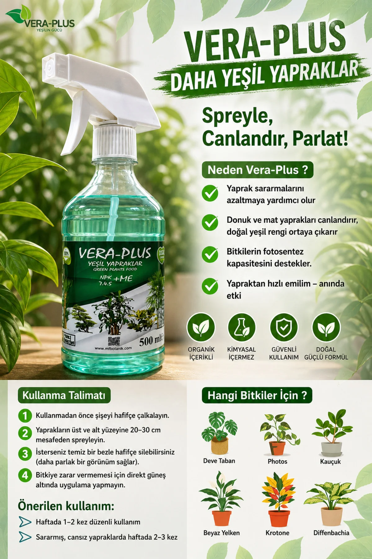 Vera Plus – Daha Yeşil, Daha Canlı Yapraklar İçin Özel Bitki Besini Spreyi (500 ml)