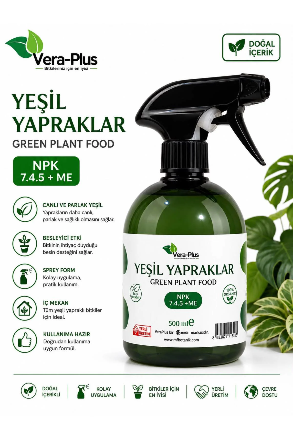 Vera Plus – Daha Yeşil, Daha Canlı Yapraklar İçin Özel Bitki Besini Spreyi (500 ml)
