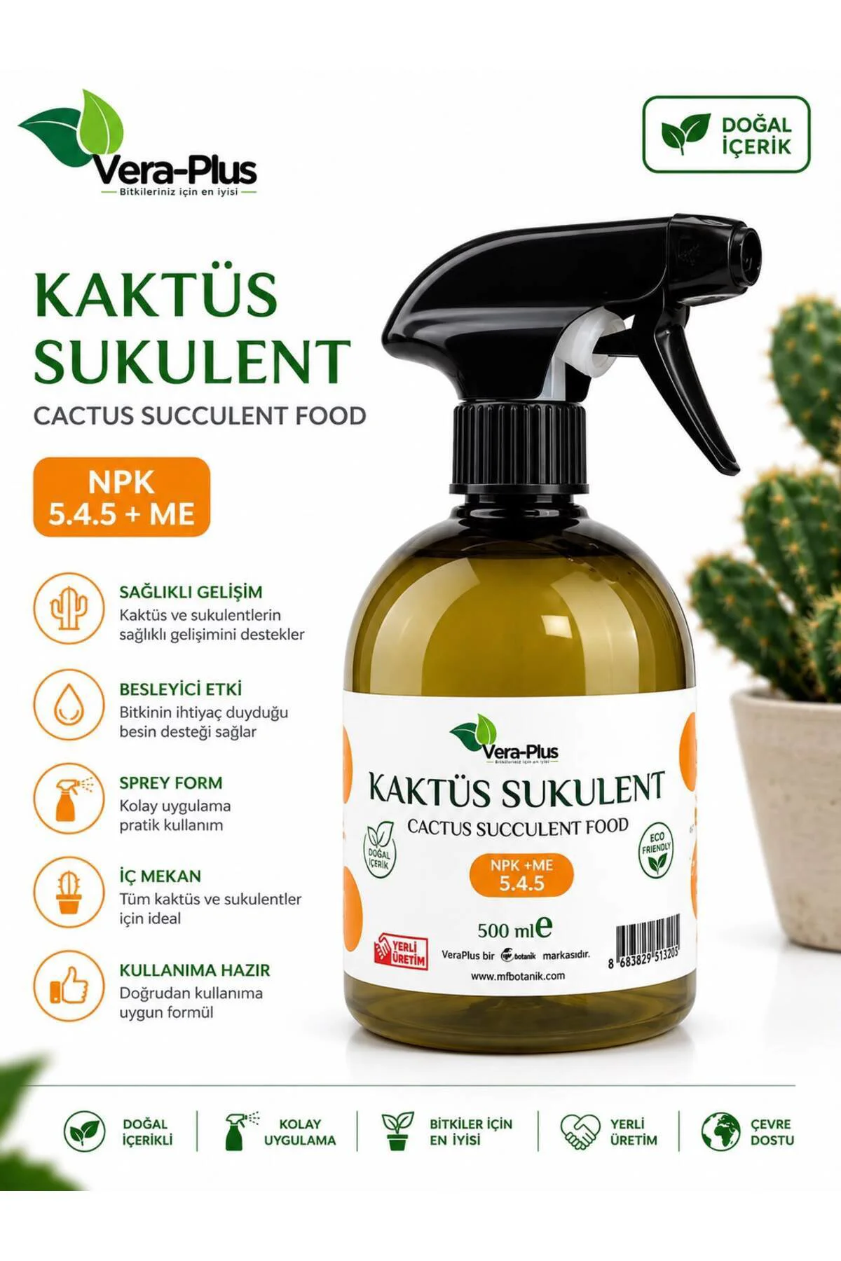 Vera Plus Kaktüs Sukulent Besini Yaprak Gübresi 500 Ml