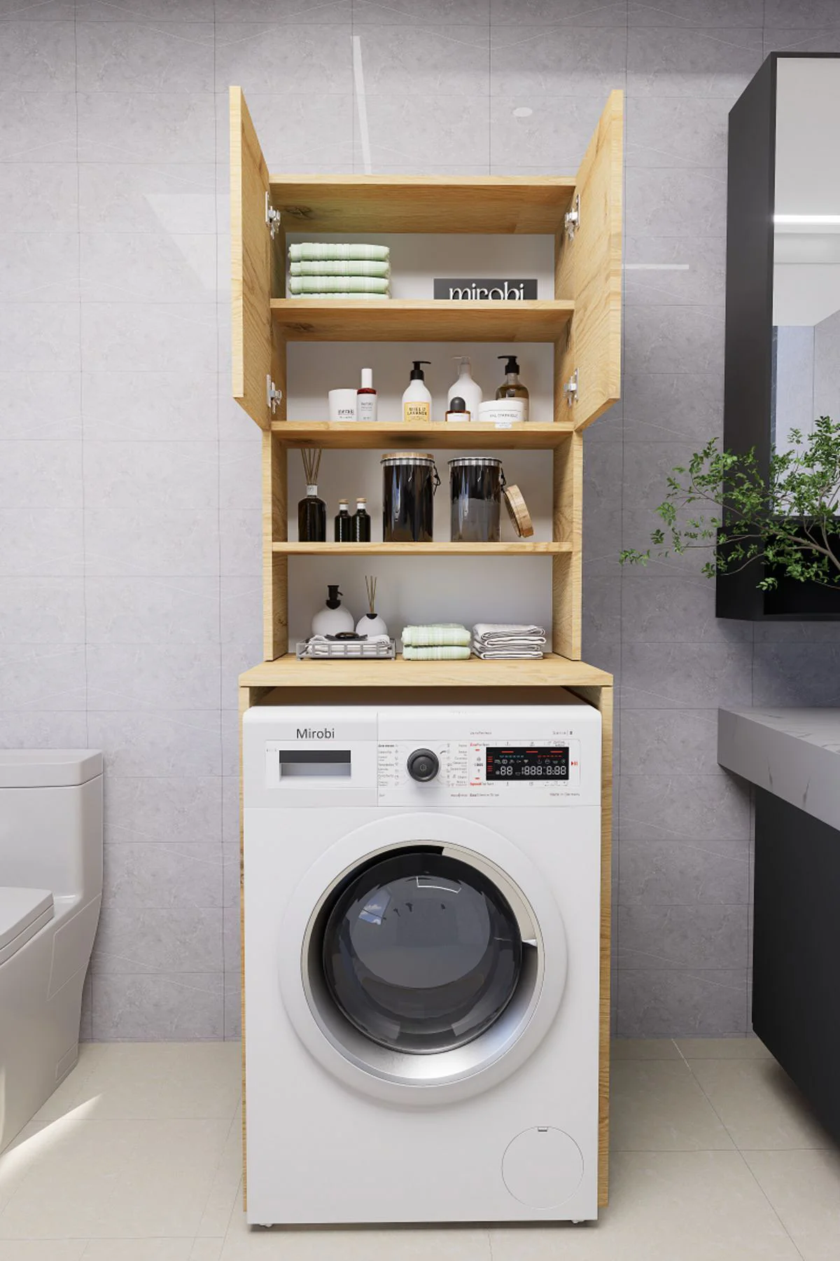 Verani Çamaşır Makinesi Dolabı Banyo Kiler Çift Kapaklı Arkalıklı