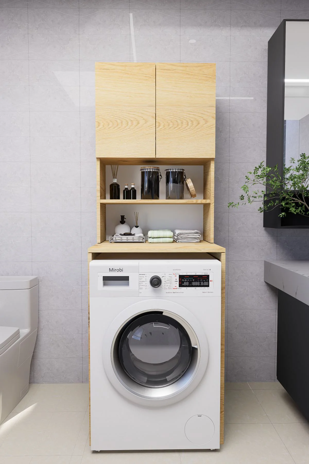 Verani Çamaşır Makinesi Dolabı Banyo Kiler Çift Kapaklı Arkalıklı