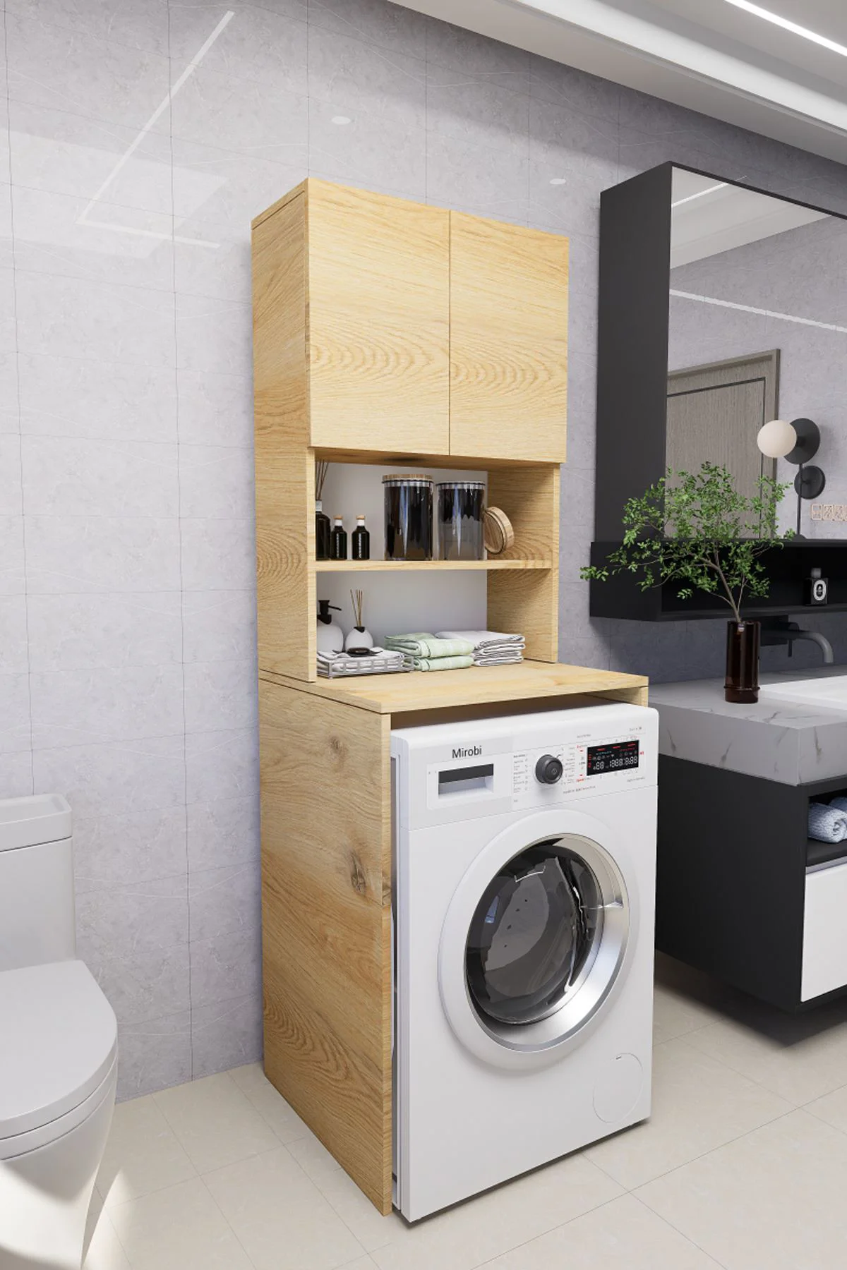 Verani Çamaşır Makinesi Dolabı Banyo Kiler Çift Kapaklı Arkalıklı