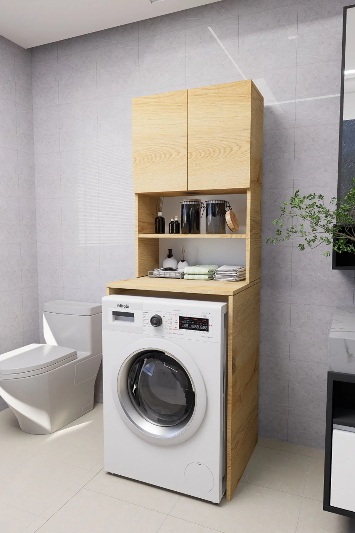 Verani Çamaşır Makinesi Dolabı Banyo Kiler Çift Kapaklı Arkalıklı