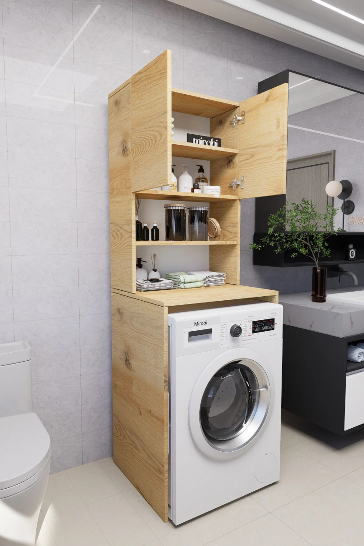 Verani Çamaşır Makinesi Dolabı Banyo Kiler Çift Kapaklı Arkalıklı