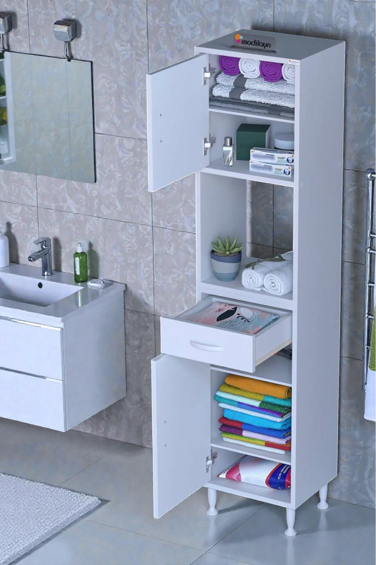 Vero 5 Bölmeli 35 cm Genişlikte Dolap Çok Amaçlı Kullanım Banyo D