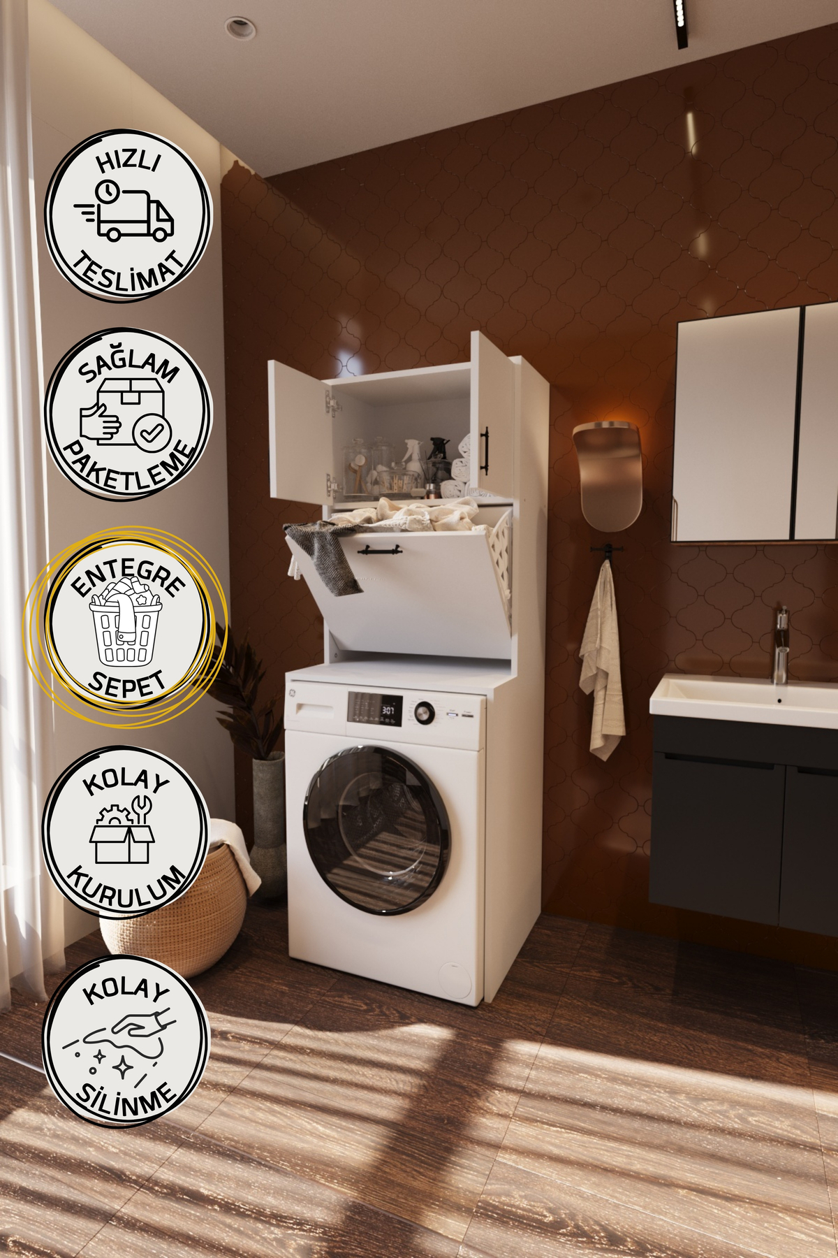 Vertex Çamaşır Sepetli Çok Amaçlı Çamaşır Makinesi Dolabı