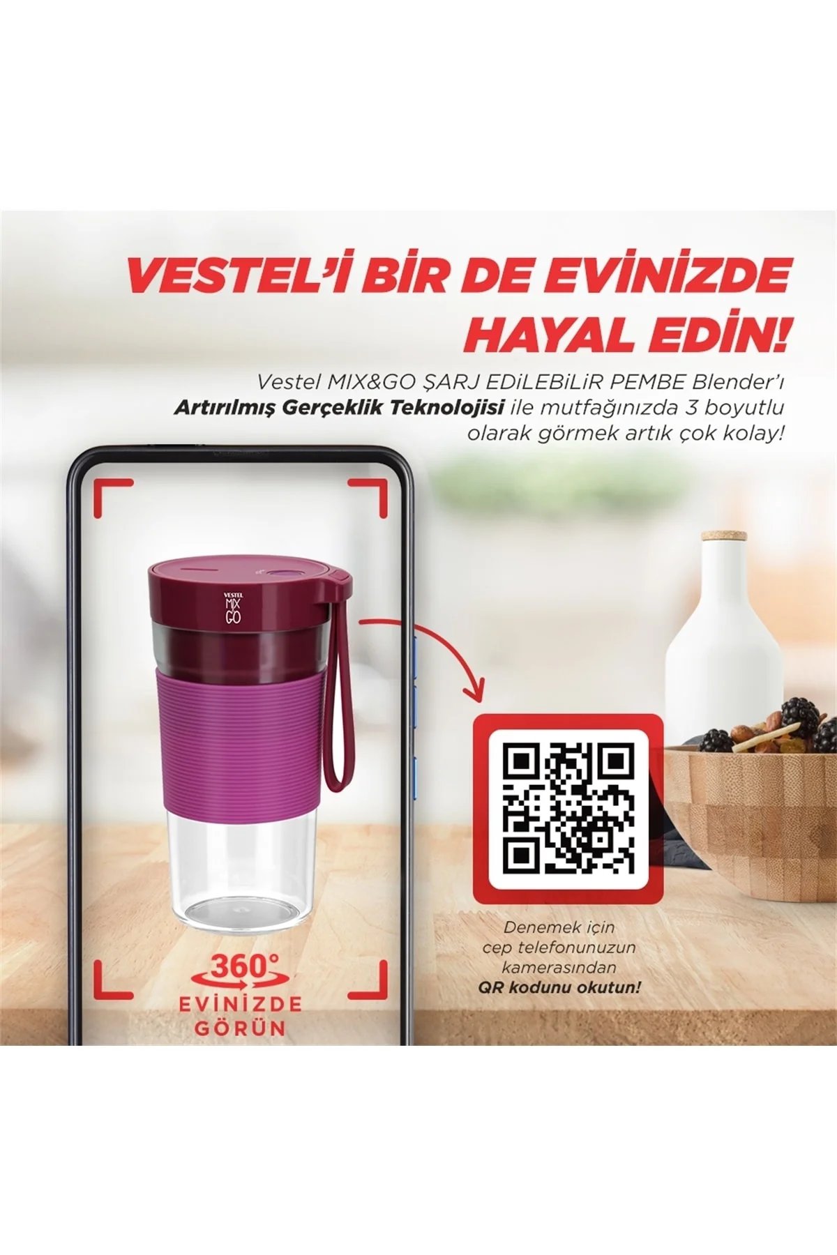 Vestel Mıx&go Sarj Edilebilir Pembe Blender