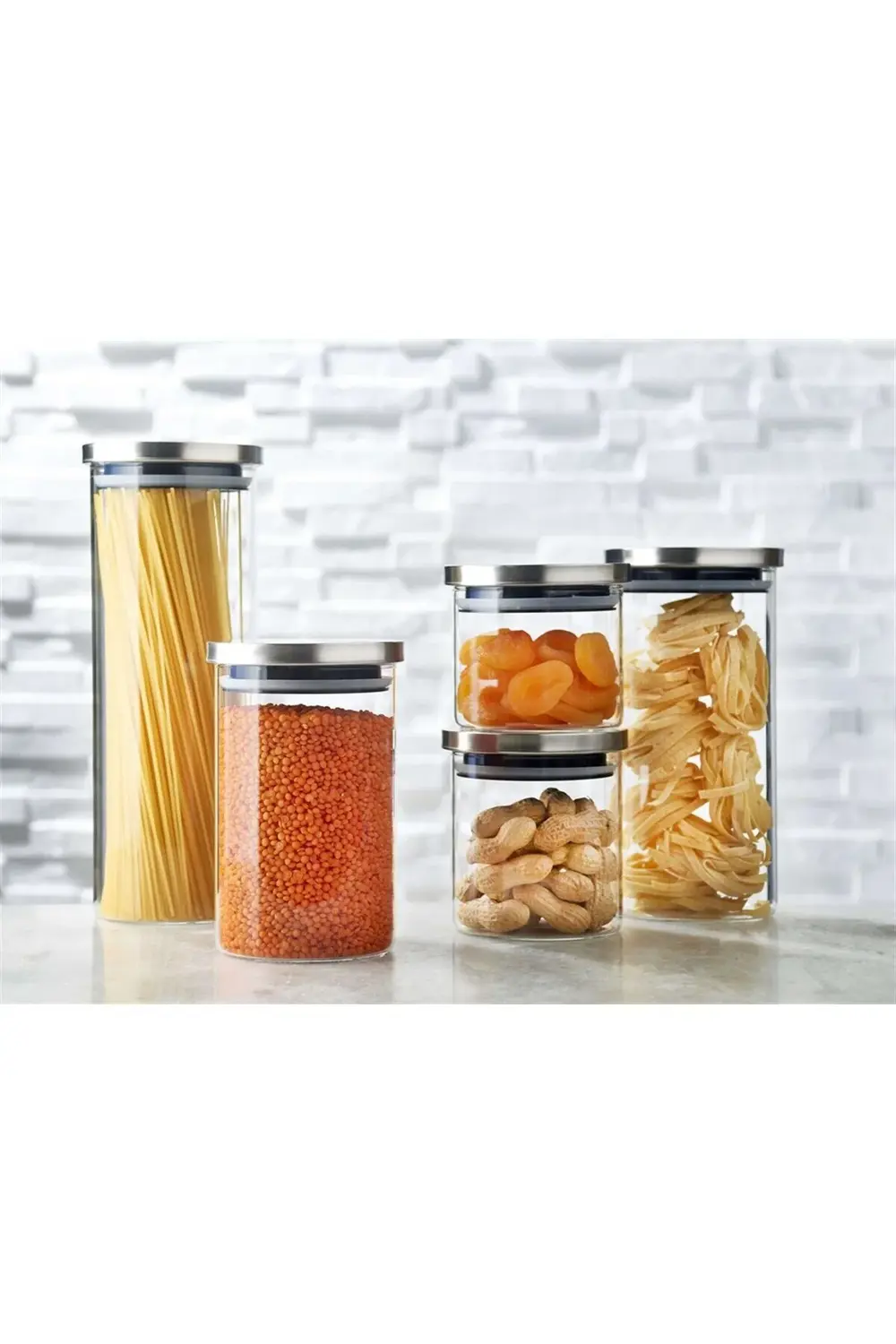 Vetro Yuvarlak Çelik Kapak Cam Saklama Kabı Seti 5 Parça